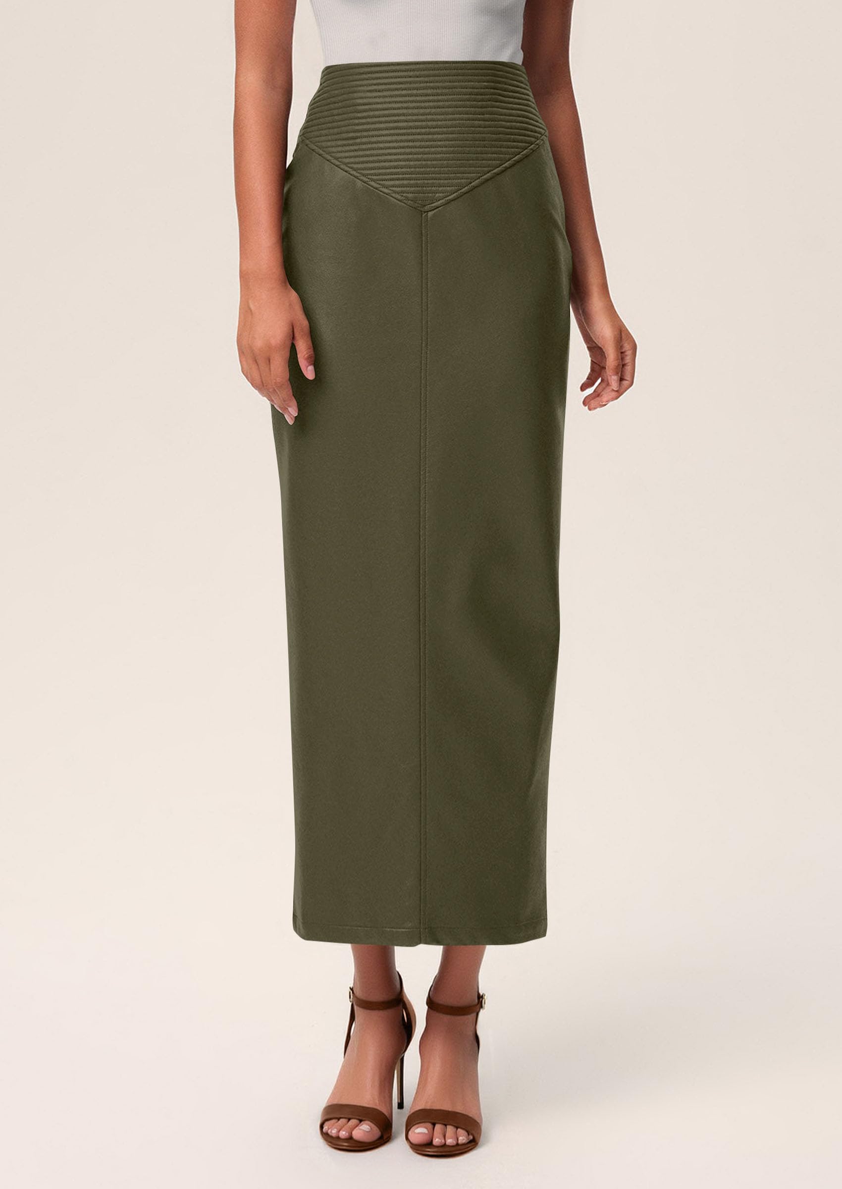 Women's Faux Leather High Waisted Maxi Skirts,Army Green,M