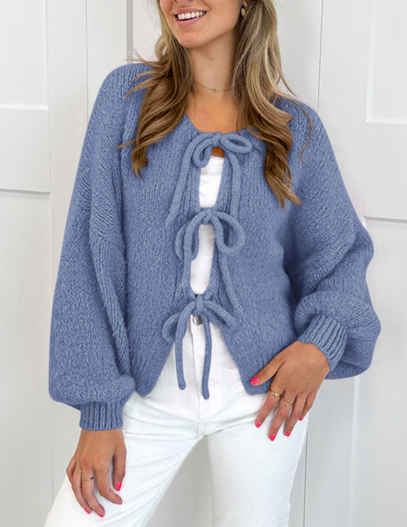 Women's Tie Front Bow Cardigan Sweaters(Mist Blue,Small)