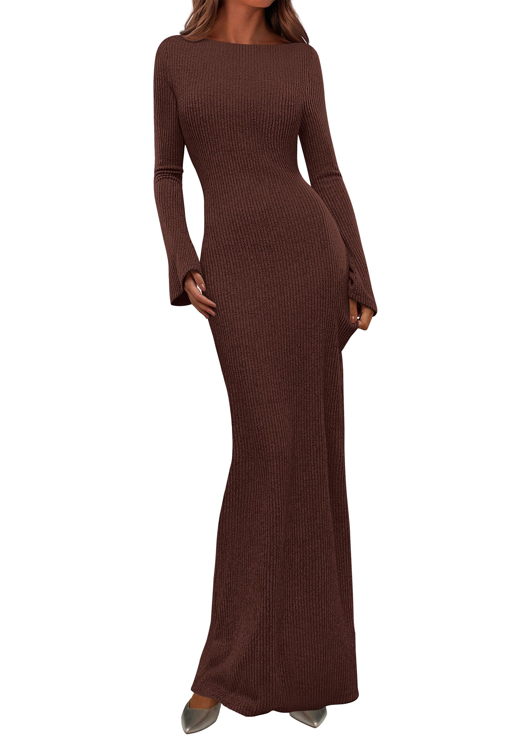 Women's Fall Long Sleeve Bodycon Maxi Dresses (Coffee,XS)