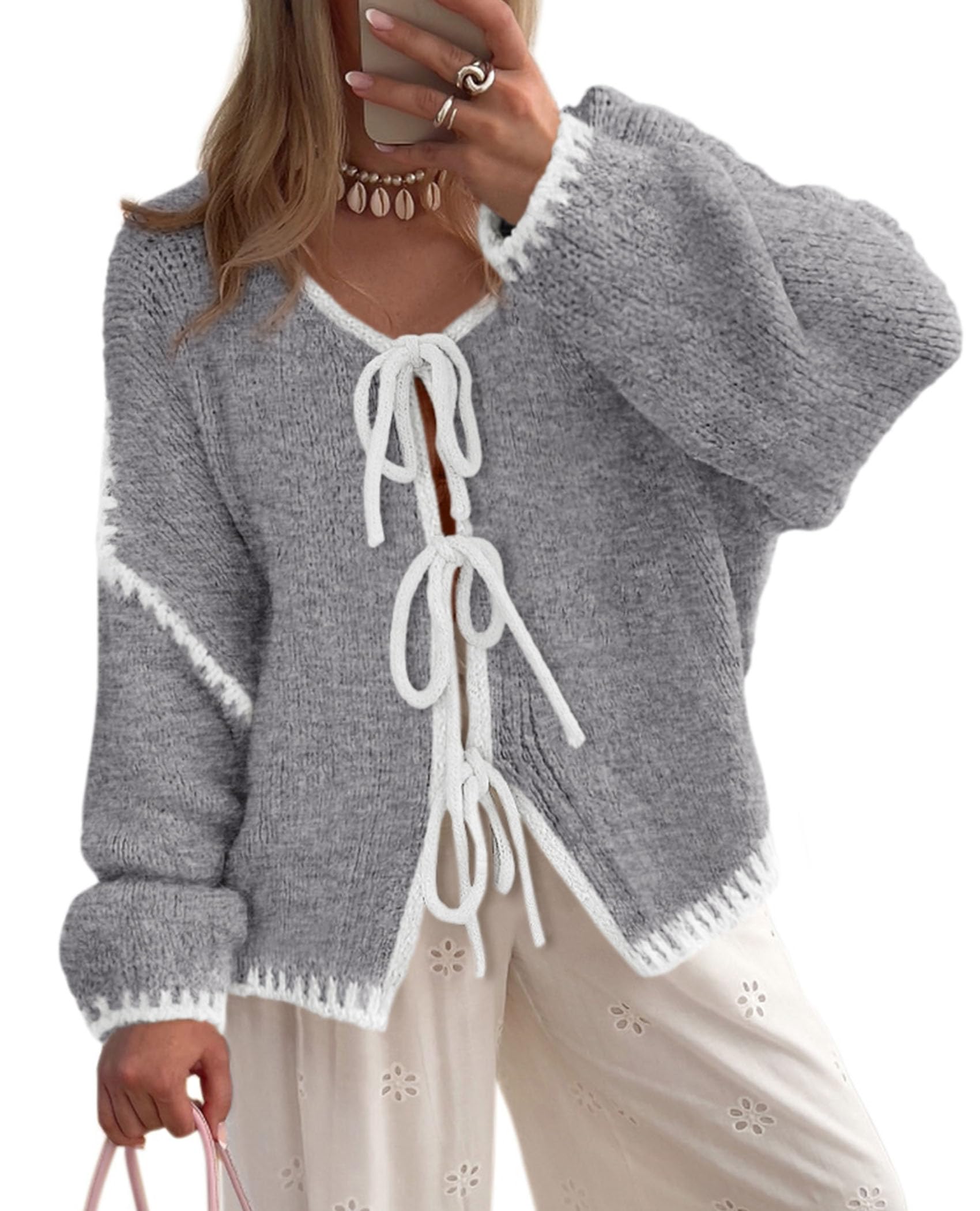Women's Tie Front Bow Cardigan Sweaters(Grey White,Small)