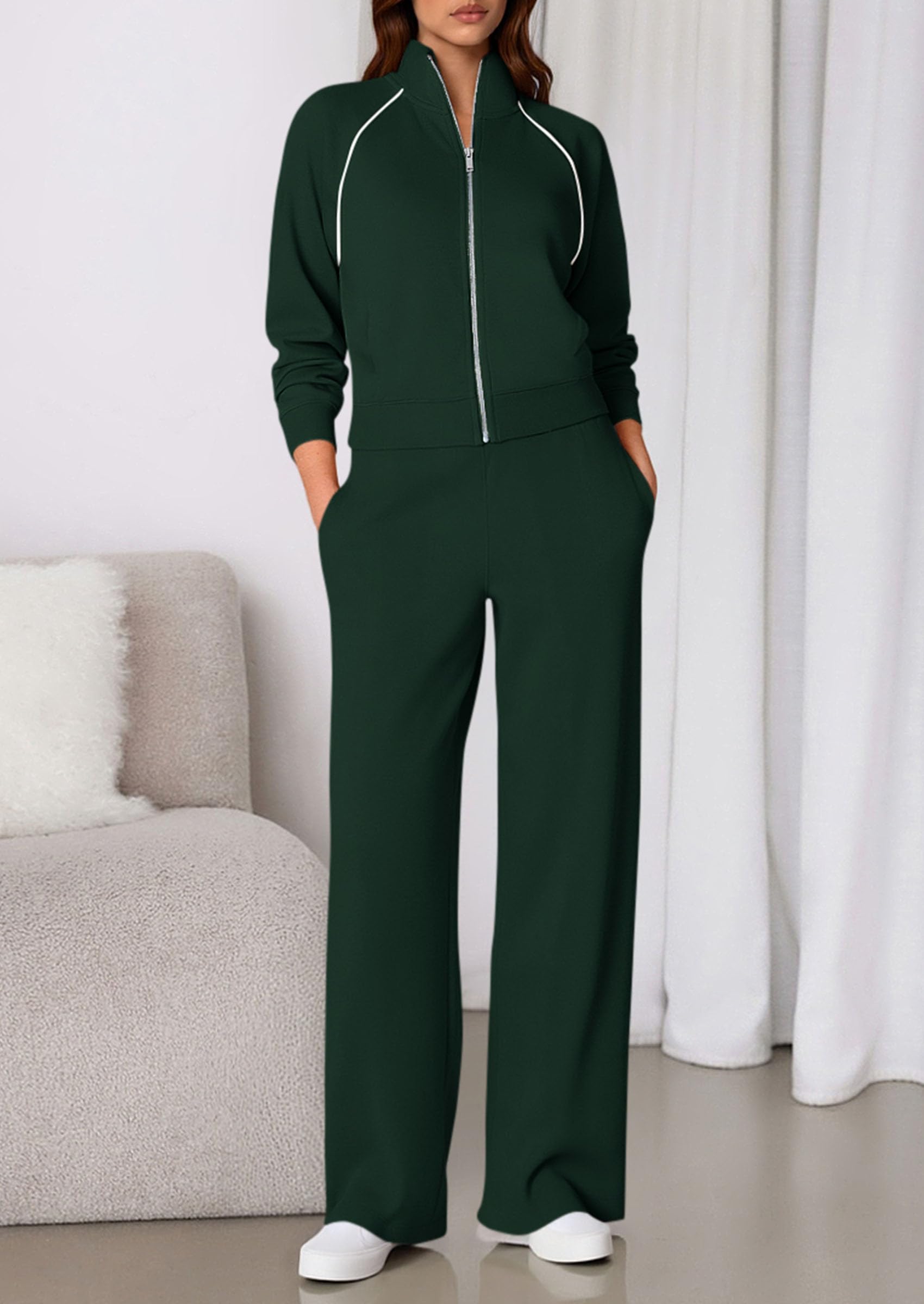 Women's 2 Piece Outfits Sweatsuits Lounge Sets,Dark Green,S