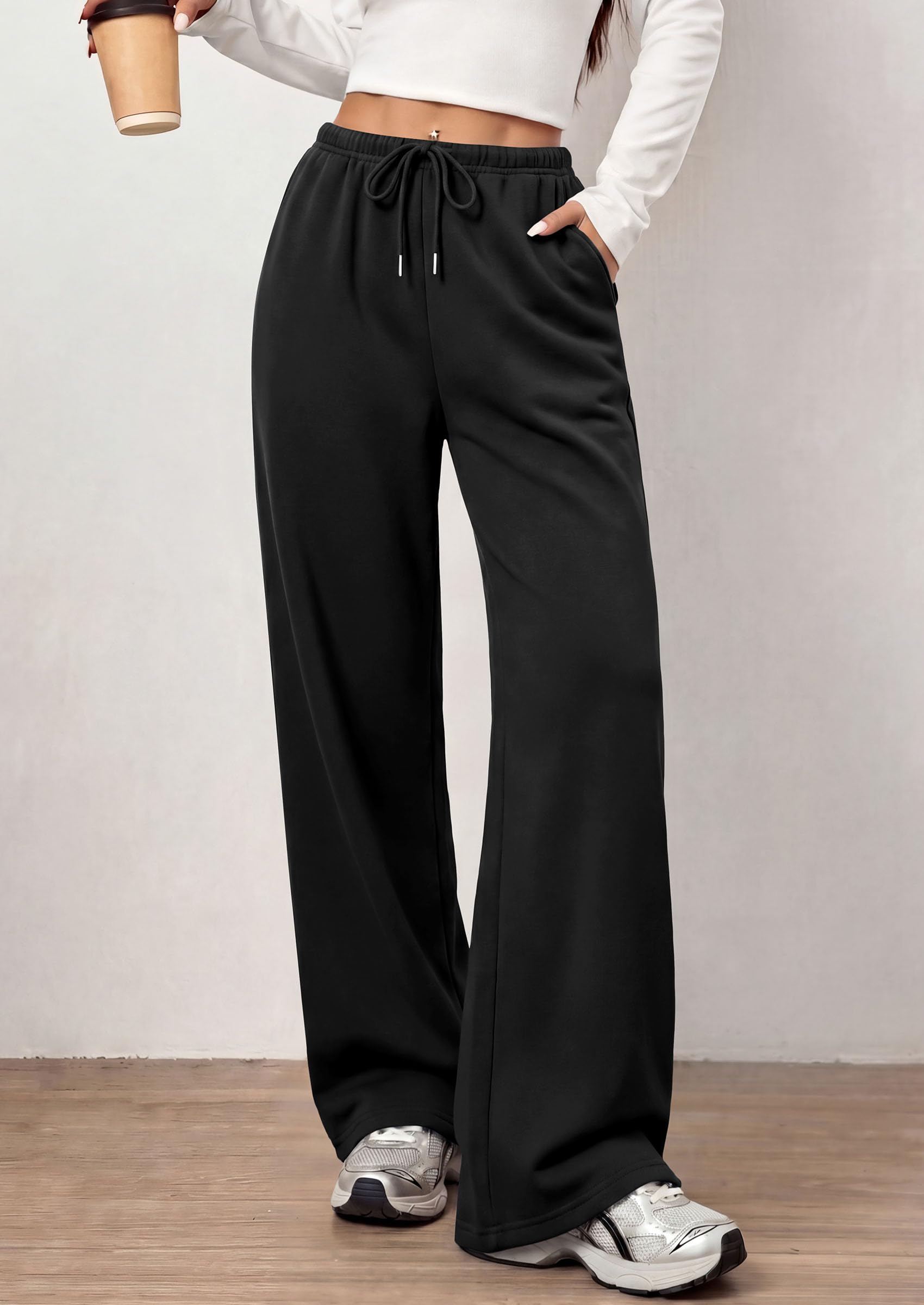 Womens Wide Leg Sweatpants Fleece Fall Sweat Pants,Black
