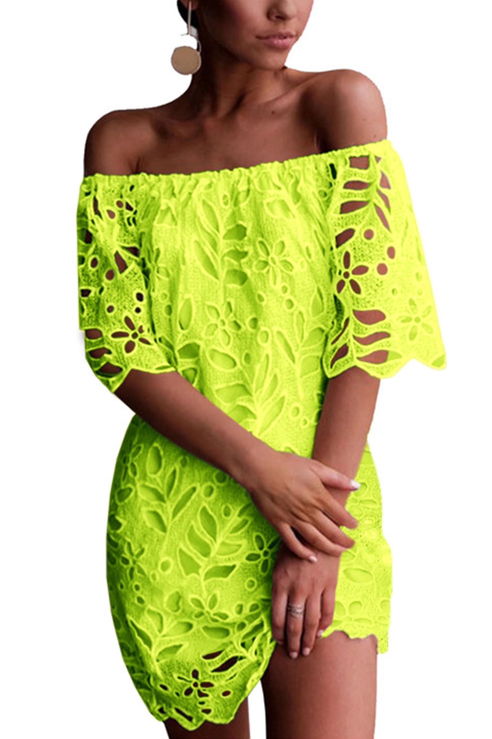 Women's Boho Off Shoulder Lace Mini Dress, Fluorescent Green,S