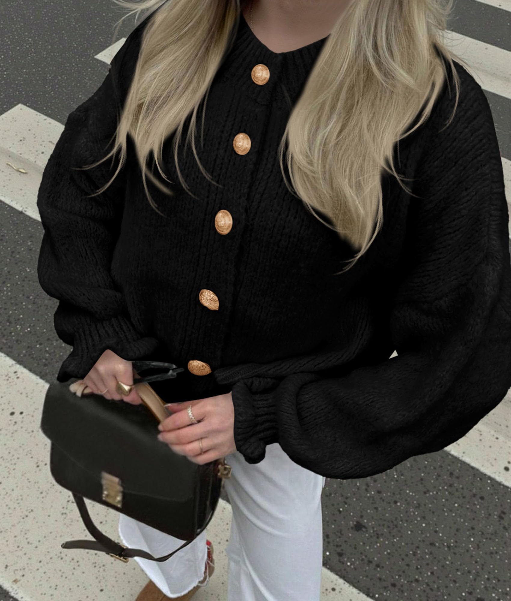 Womens Long Sleeve Chunky Knit Cardigan Sweaters,Black,S