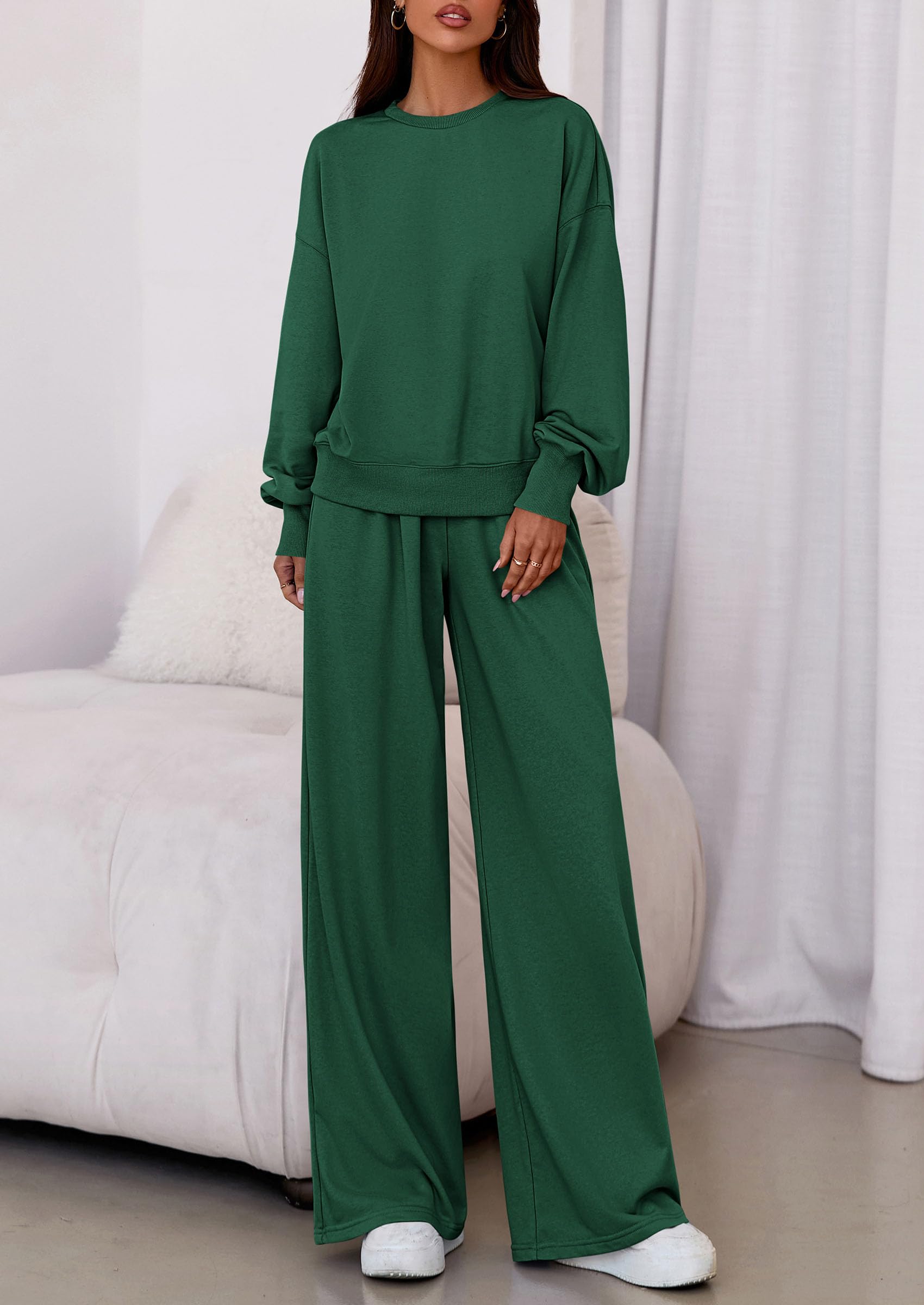 Womens Loose Fit Casual 2 Piece Lounge Set,Dark Green,S