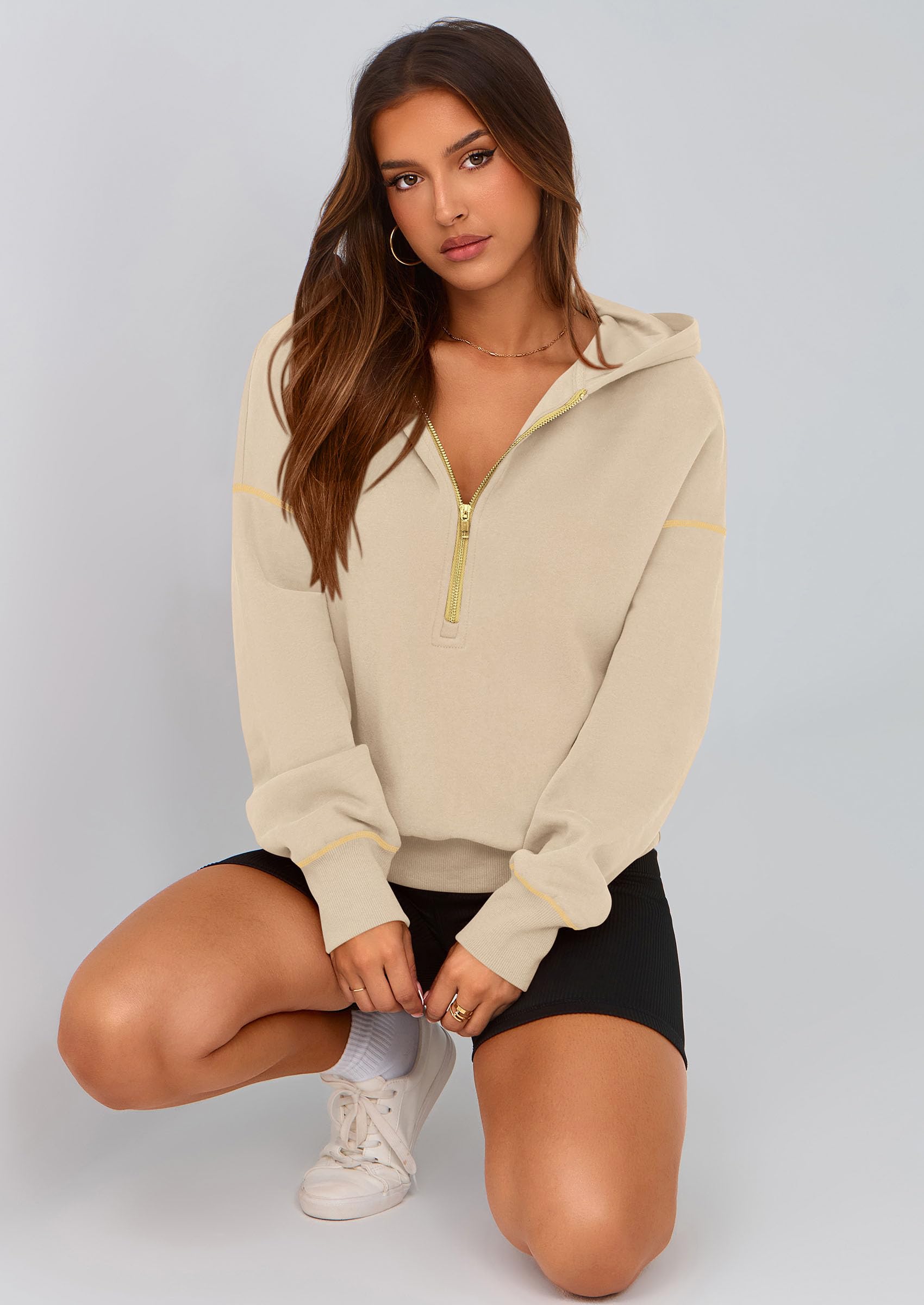 Women's Fall Half Zip Cropped Hoodie Sweatshirt Beige