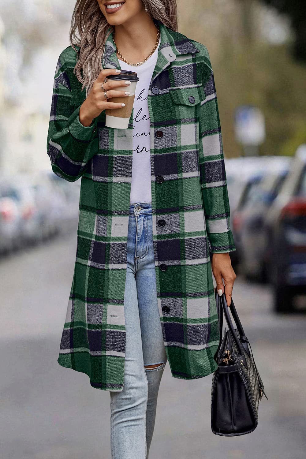 Womens Plaid Shacket Jacket Flannel Shirts,Dark Green,S