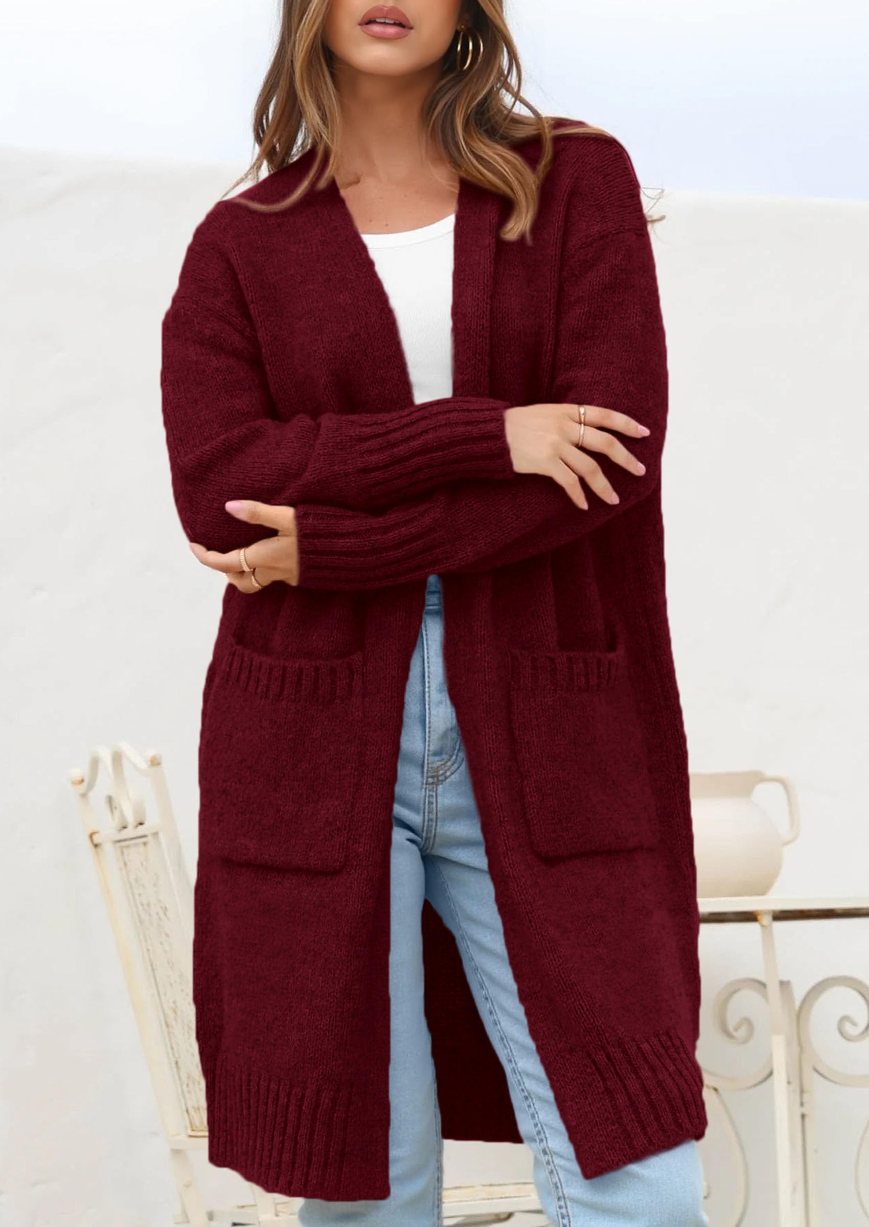 Open Front Cardigan Sweaters for Women,Wine Red,S