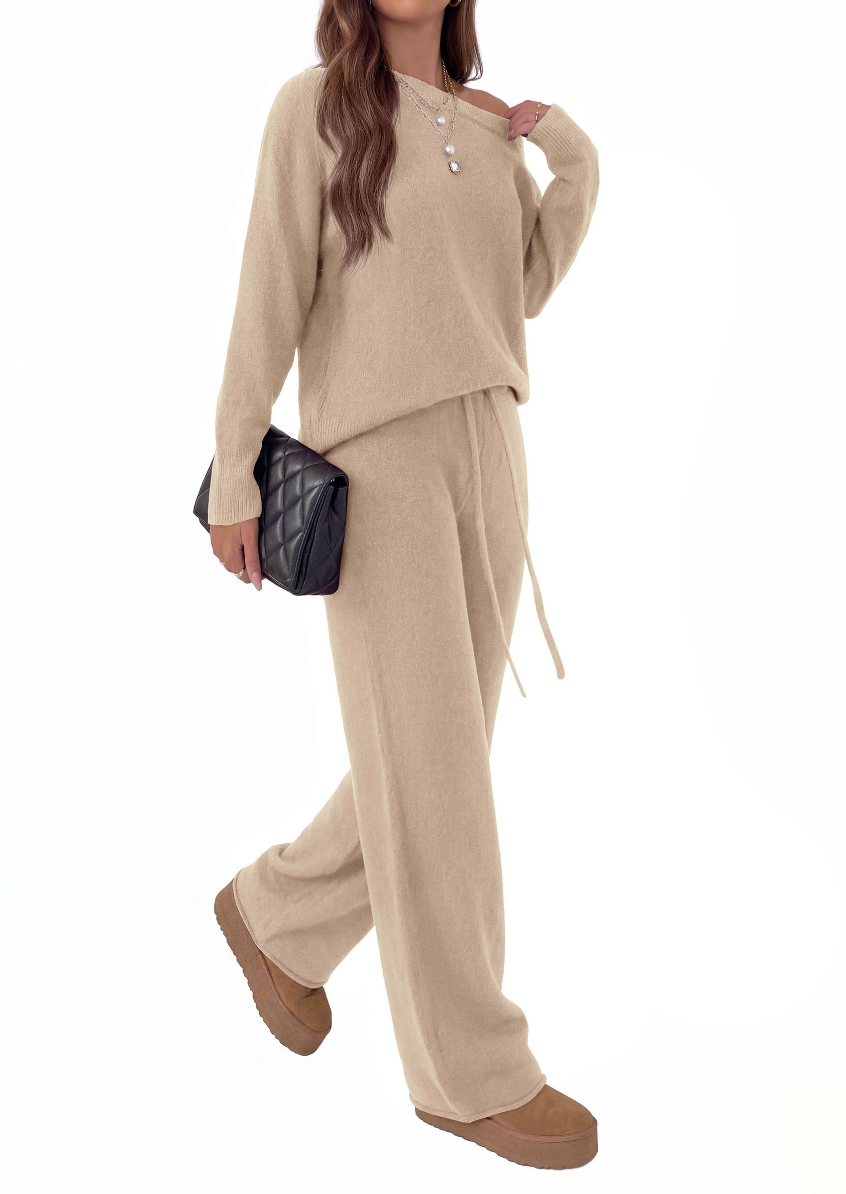 Lounge Sets Womens Sweaters Two Piece Outfits (Khaki,S)
