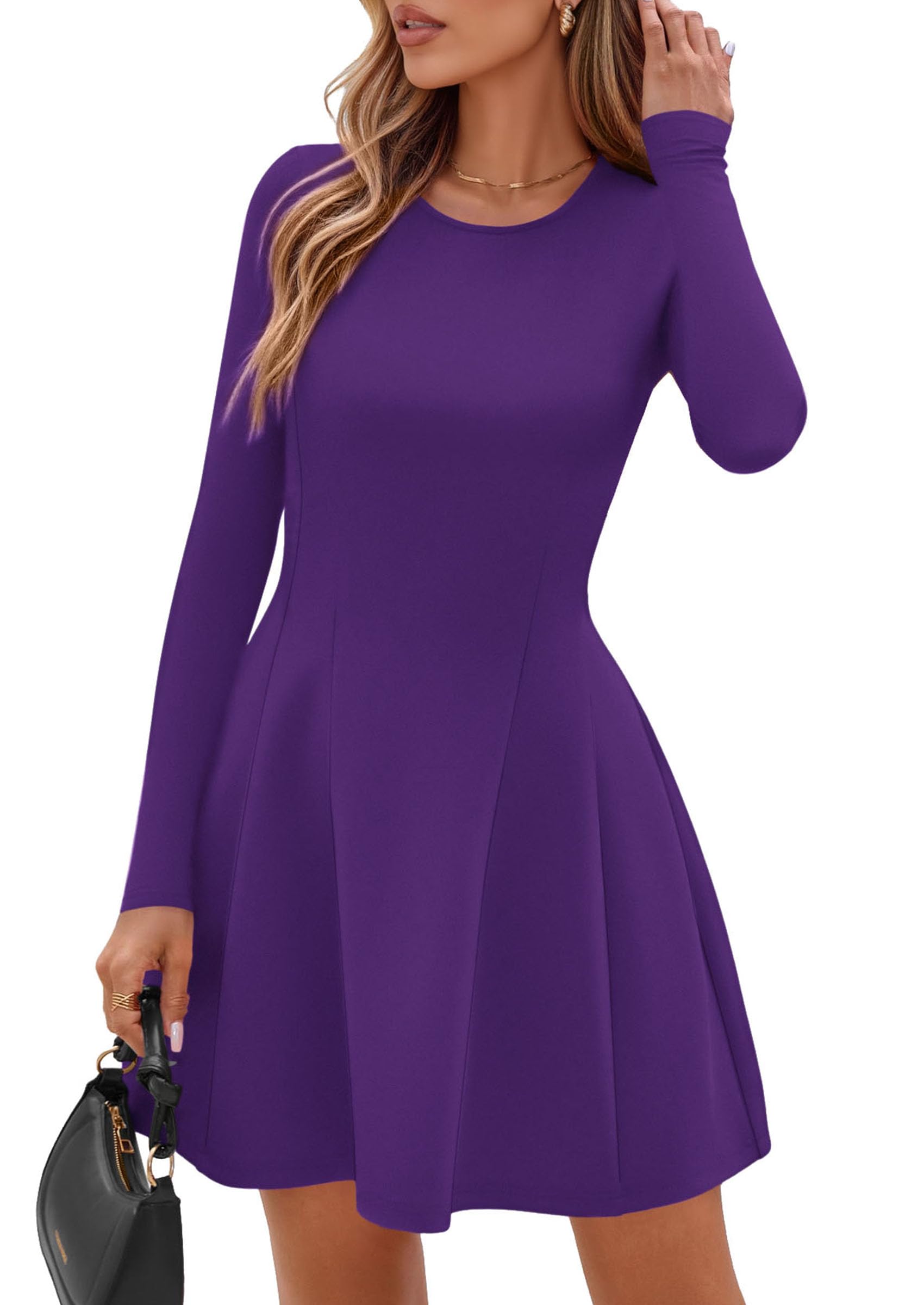 Womens Long Sleeve Pleated Mini Dress,Purple,XS