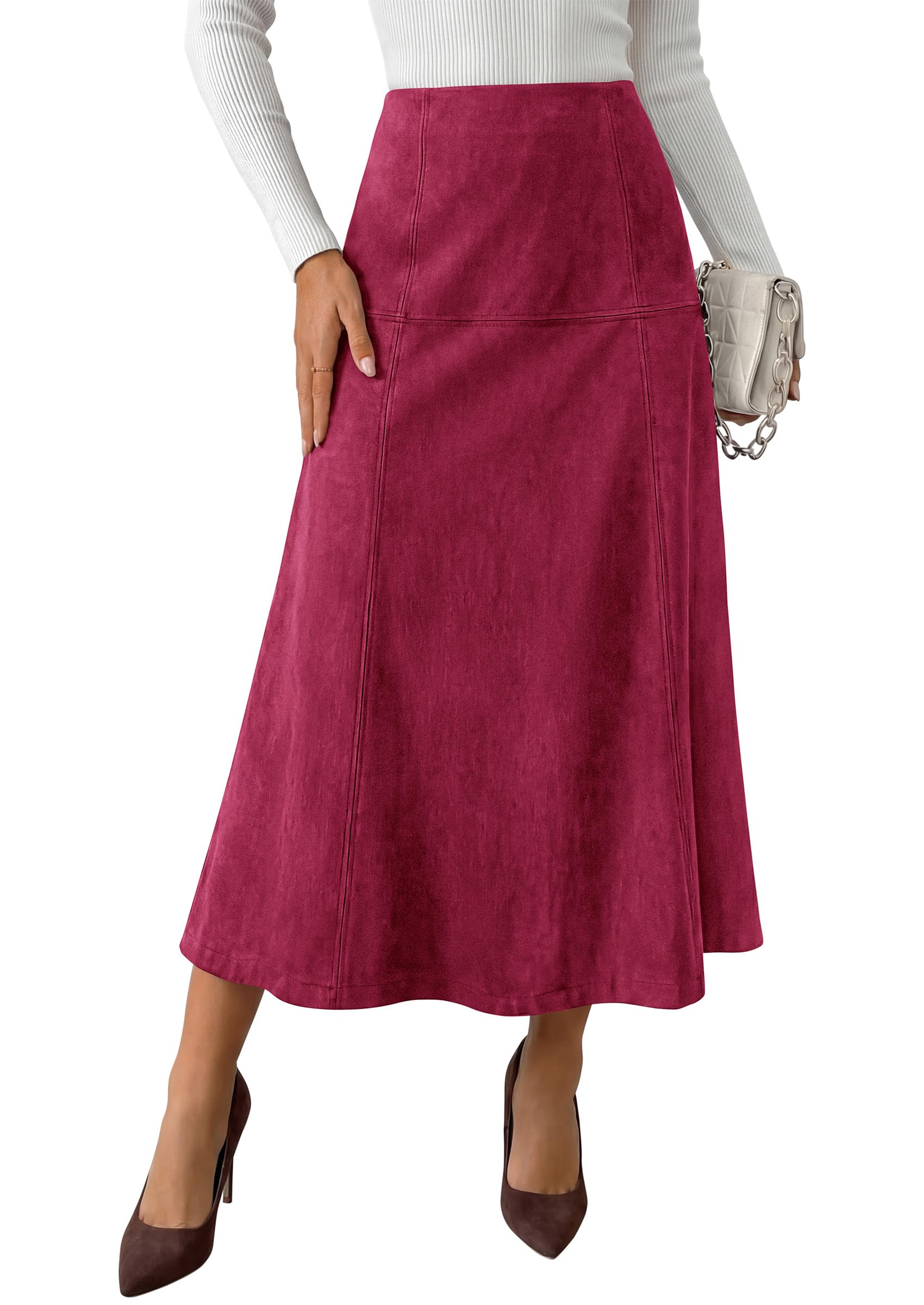 Womens High Waist Faux Suede A Line Midi Skirt,Wine Red,S