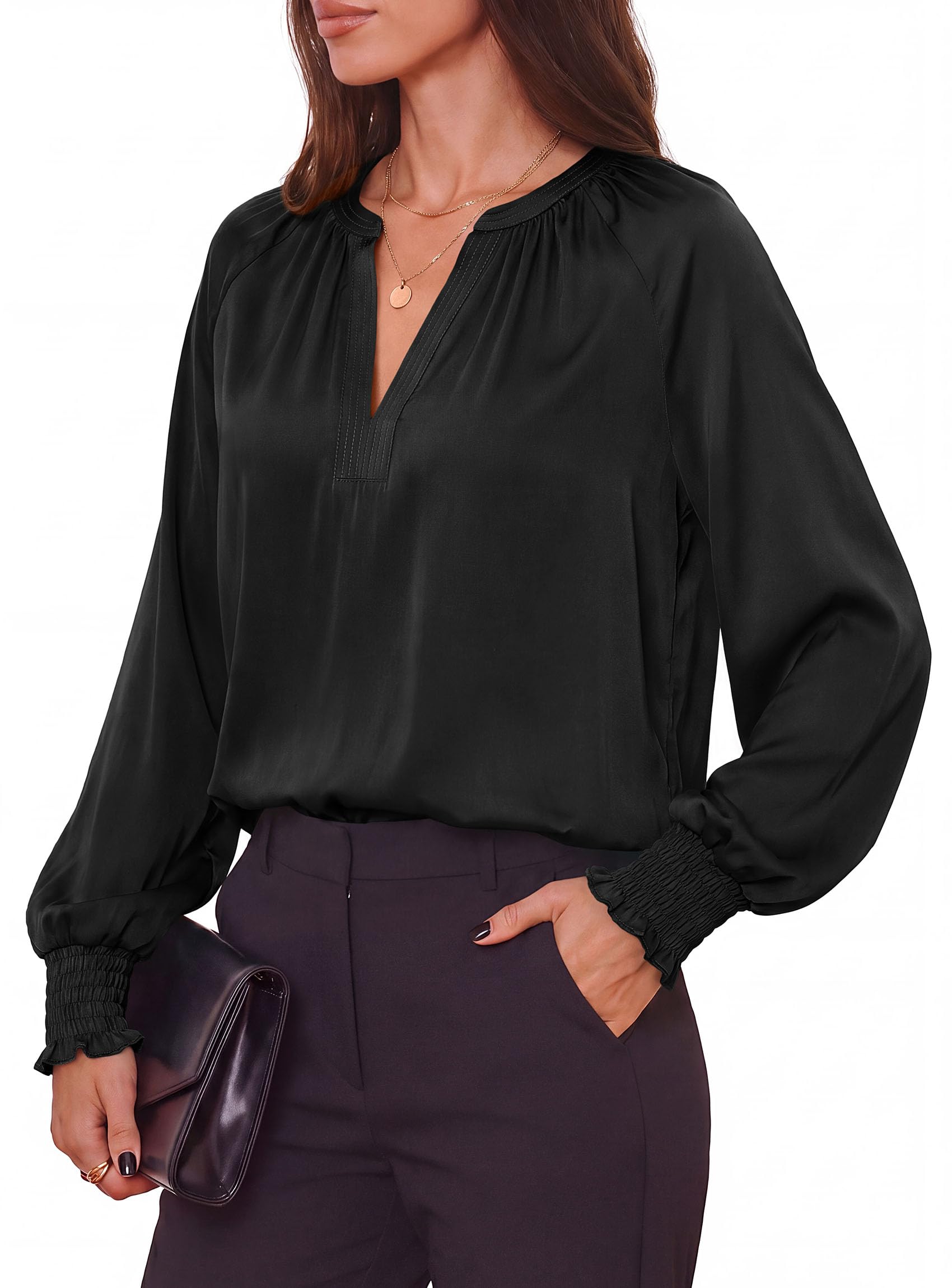 Women's Satin Blouses V Neck Long Sleeve Tops,Black,S
