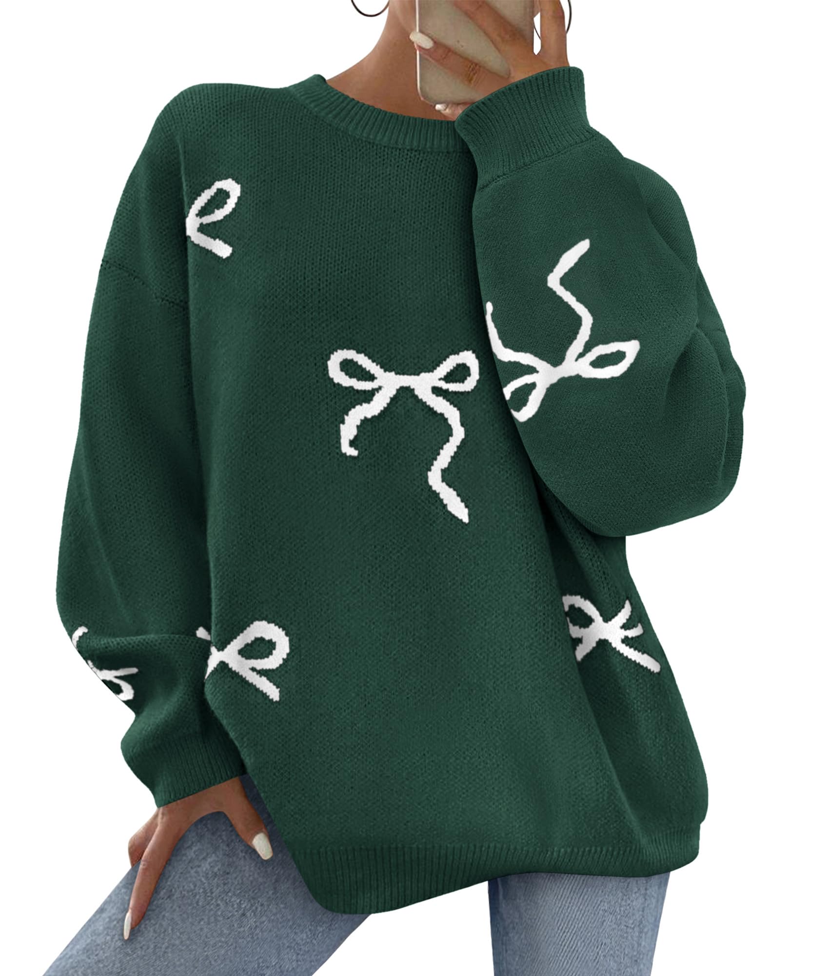 Fall Long Sleeve Pullover Sweaters for Women 2026 Trendy Crewneck Casual Cute Bow Chunky Knit Oversized Sweater (Dark Green,Small)