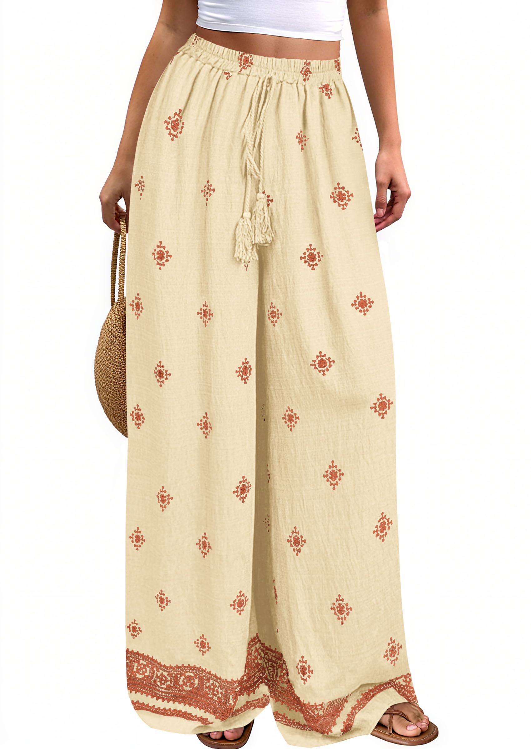 Wide Leg Flowy Boho Pants for Women, Light Yellow Brick Red,S