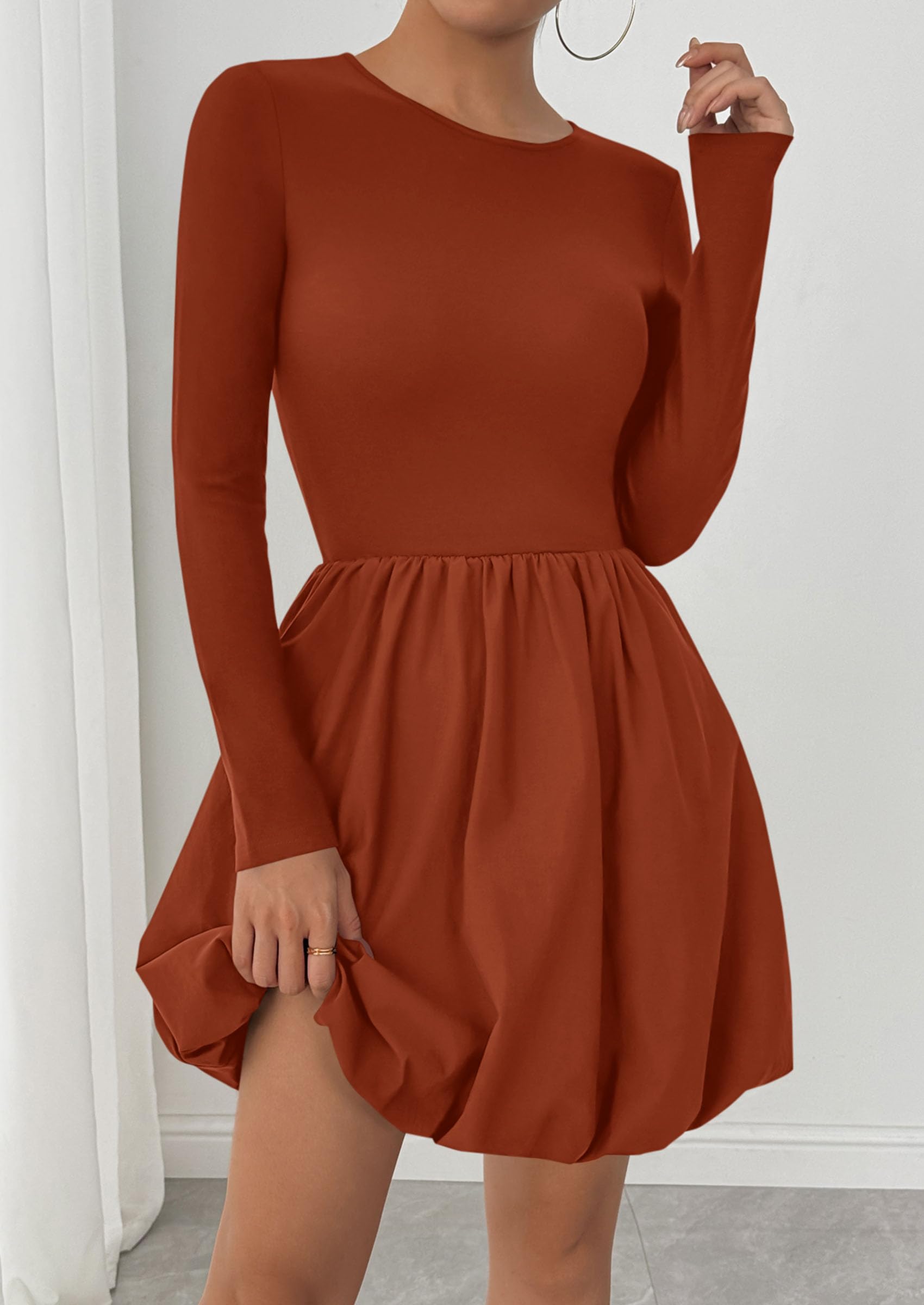 Fall Dresses for Women 2026 Bubble Mini Dress,Brick Red,S