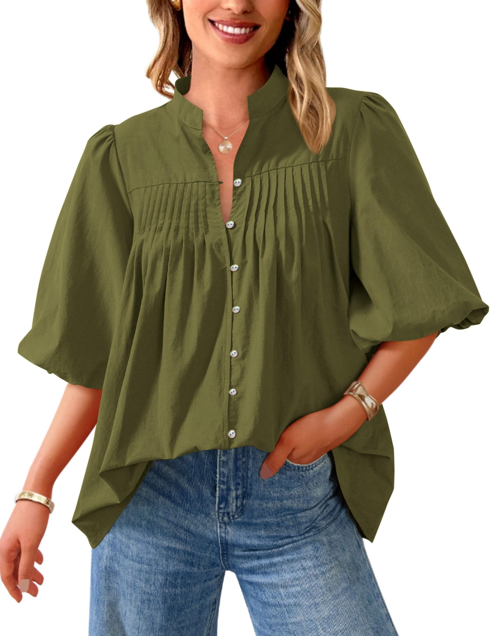 Short Sleeve Henley Shirts for Women,Army Green,S