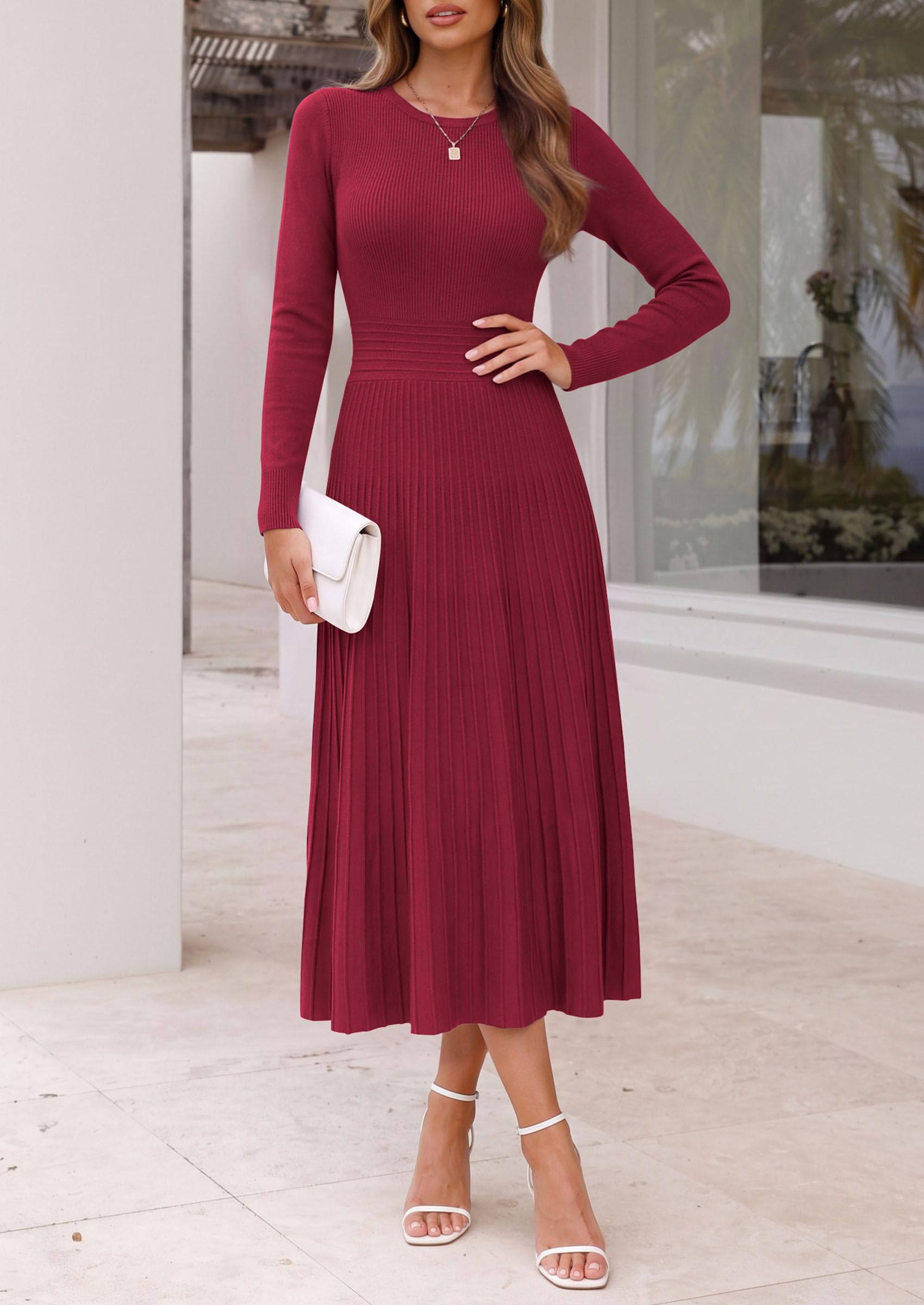 Women's Long Sleeve Knit Maxi Sweater Dress,Burgundy,S