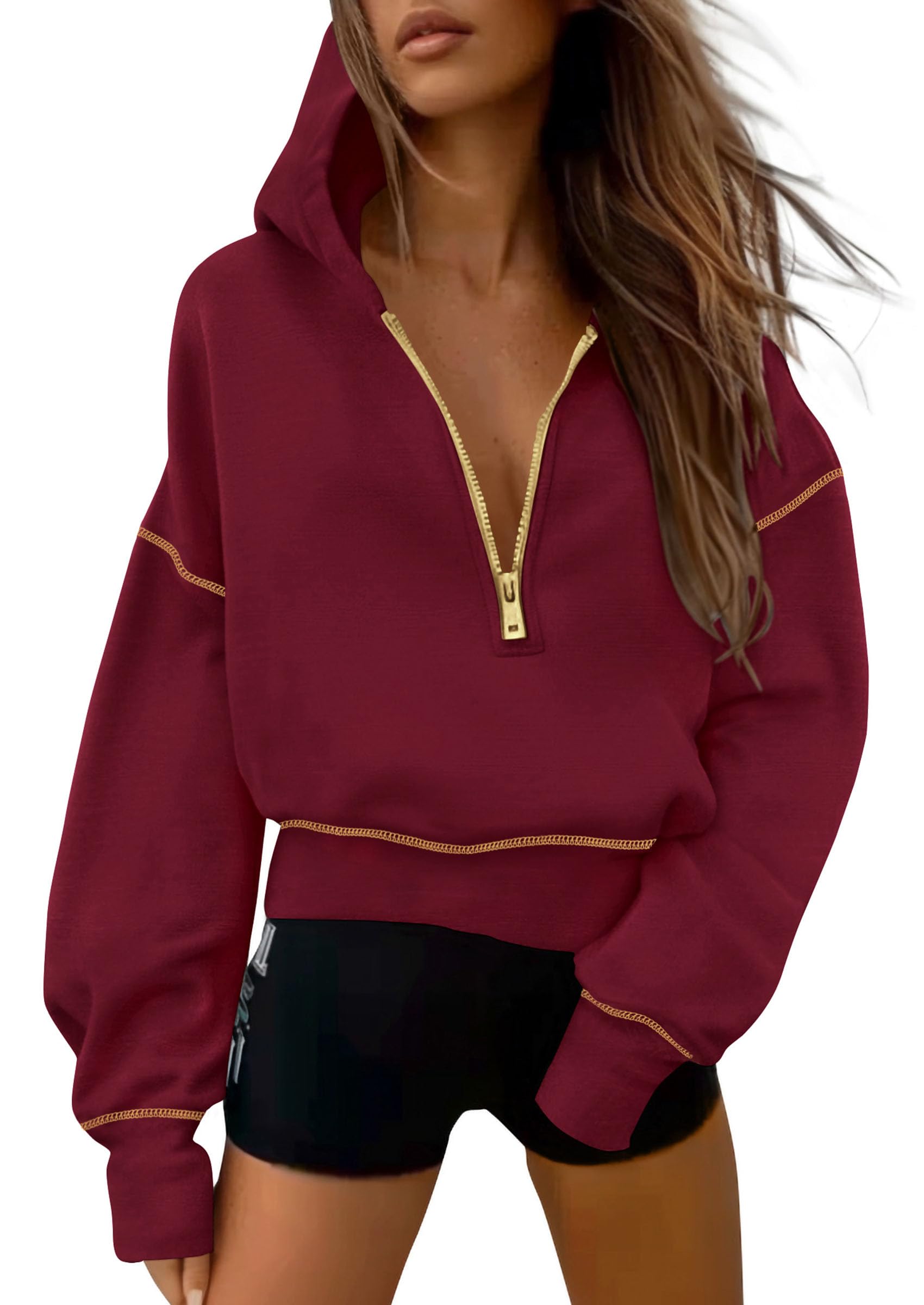 Women's Fall Half Zip Cropped Hoodie Sweatshirt Wine Red