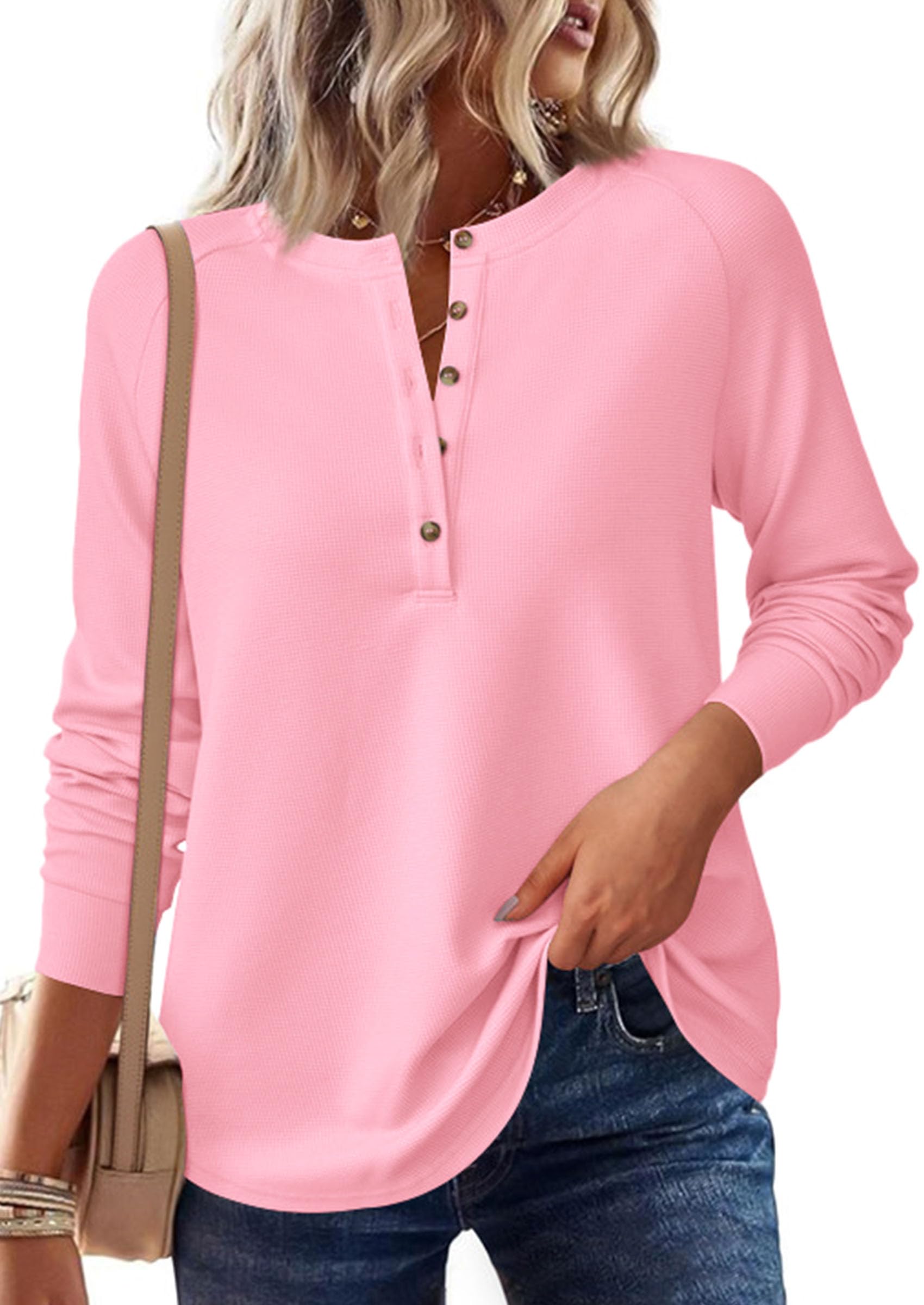 Women's Long Sleeve Waffle Knit Henley Shirts Loose Tunic Tops