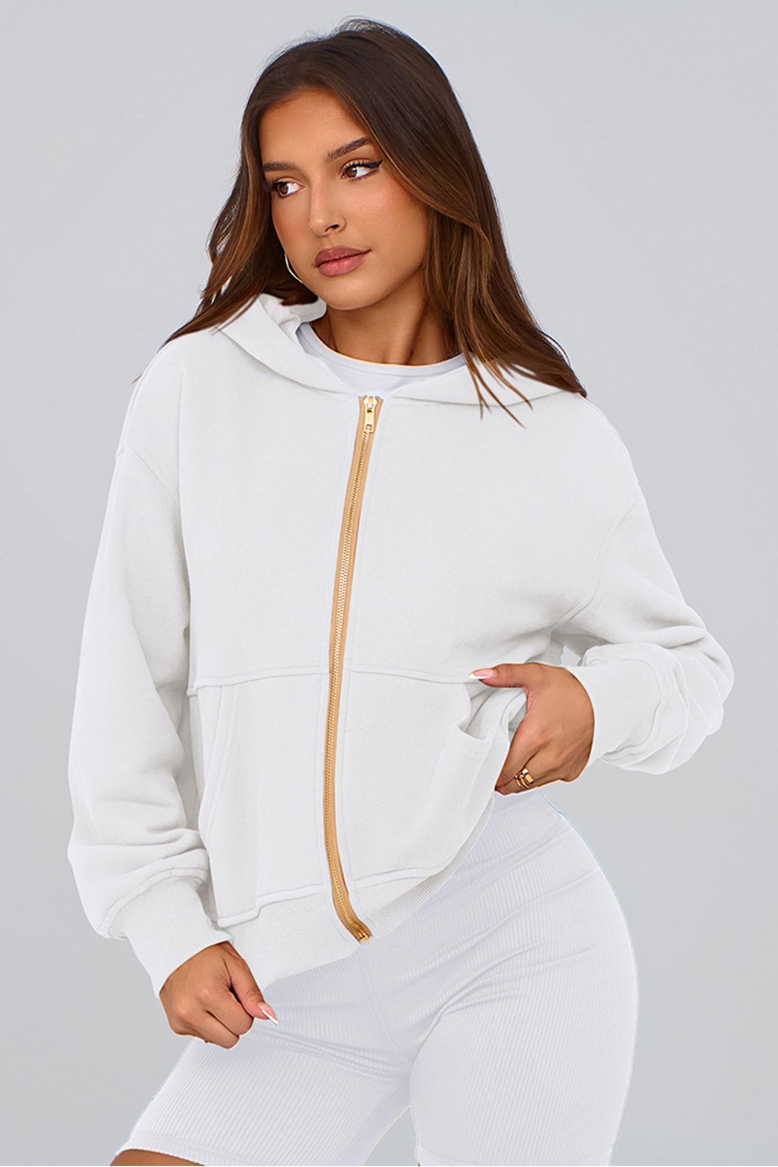 Hoodies for Women Fall Fashion Zip Up Fleece Plain Sweatshirt