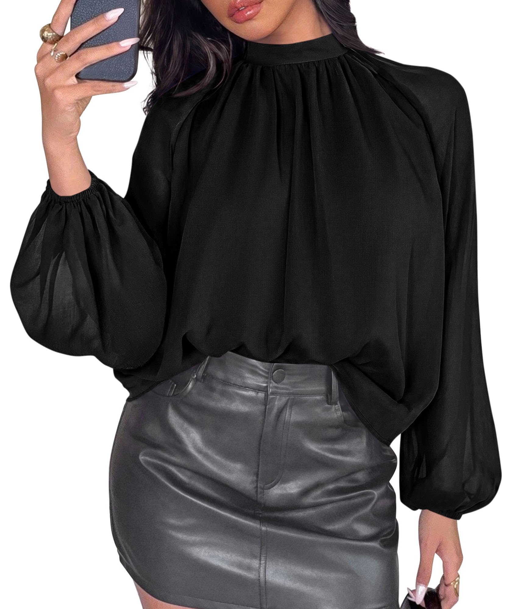 Chiffon Blouses for Women Dressy Casual Mock Neck Tops Black