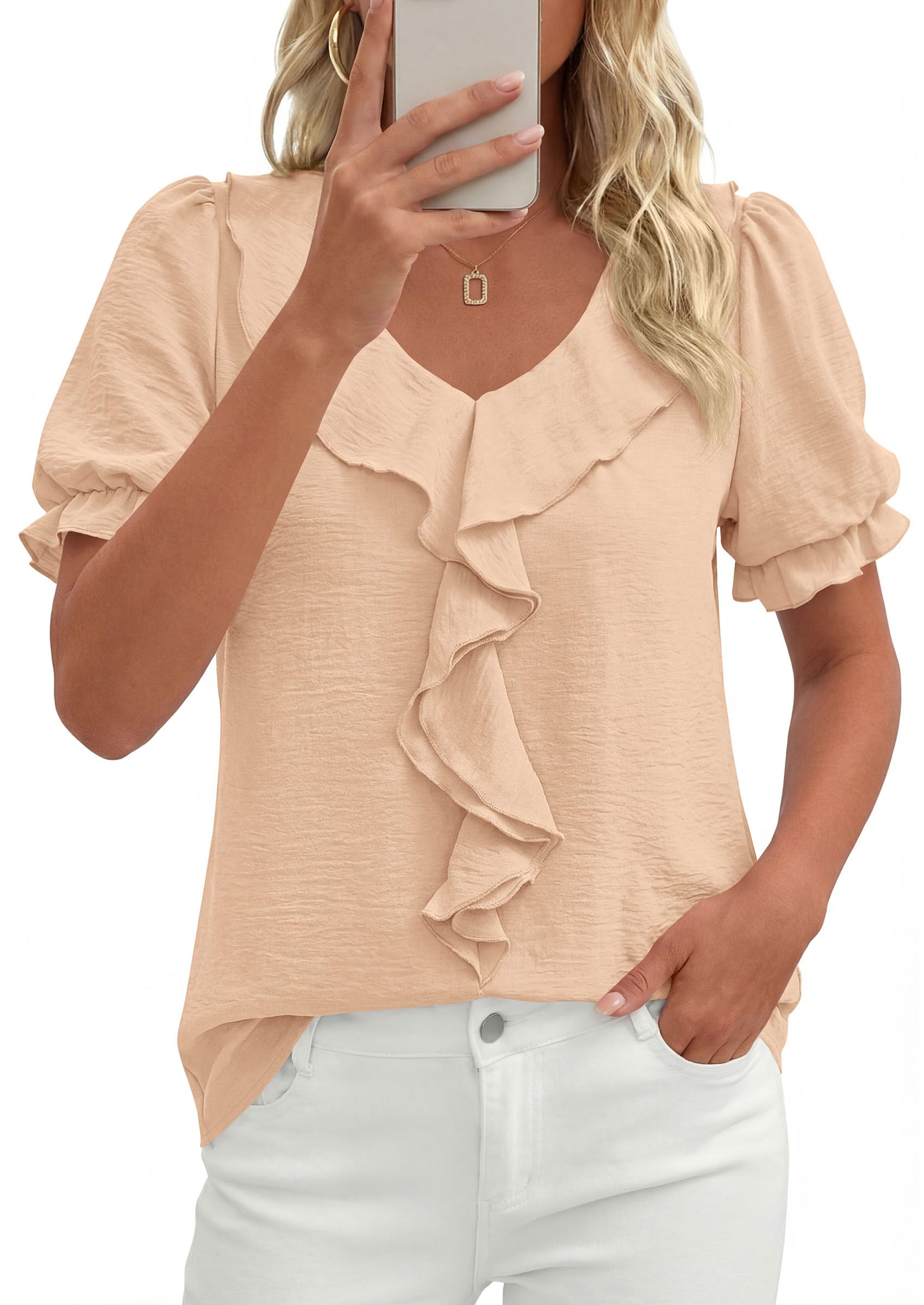 Women's Summer Ruffle Dressy Casual Blouses (Light Khaki,S)