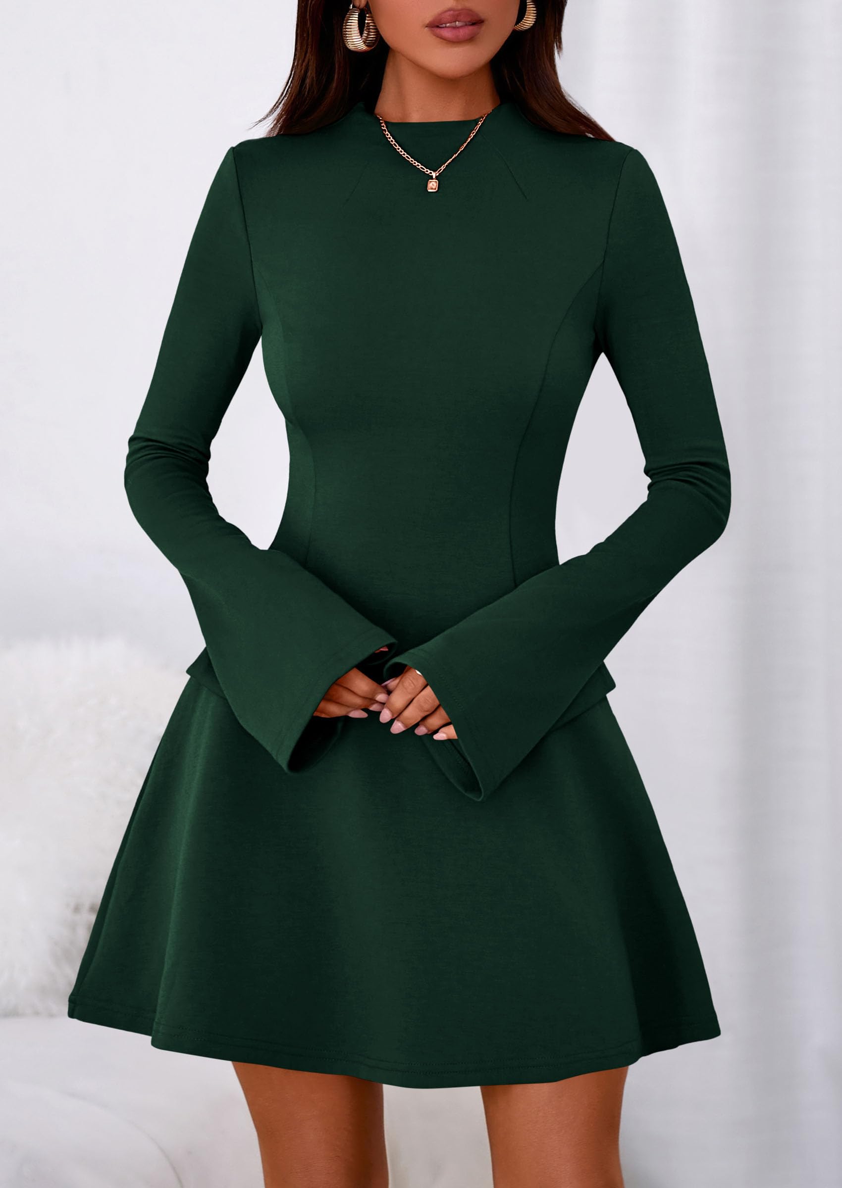 Women's Fall Bell Sleeve Short Dress,Dark Green,XS