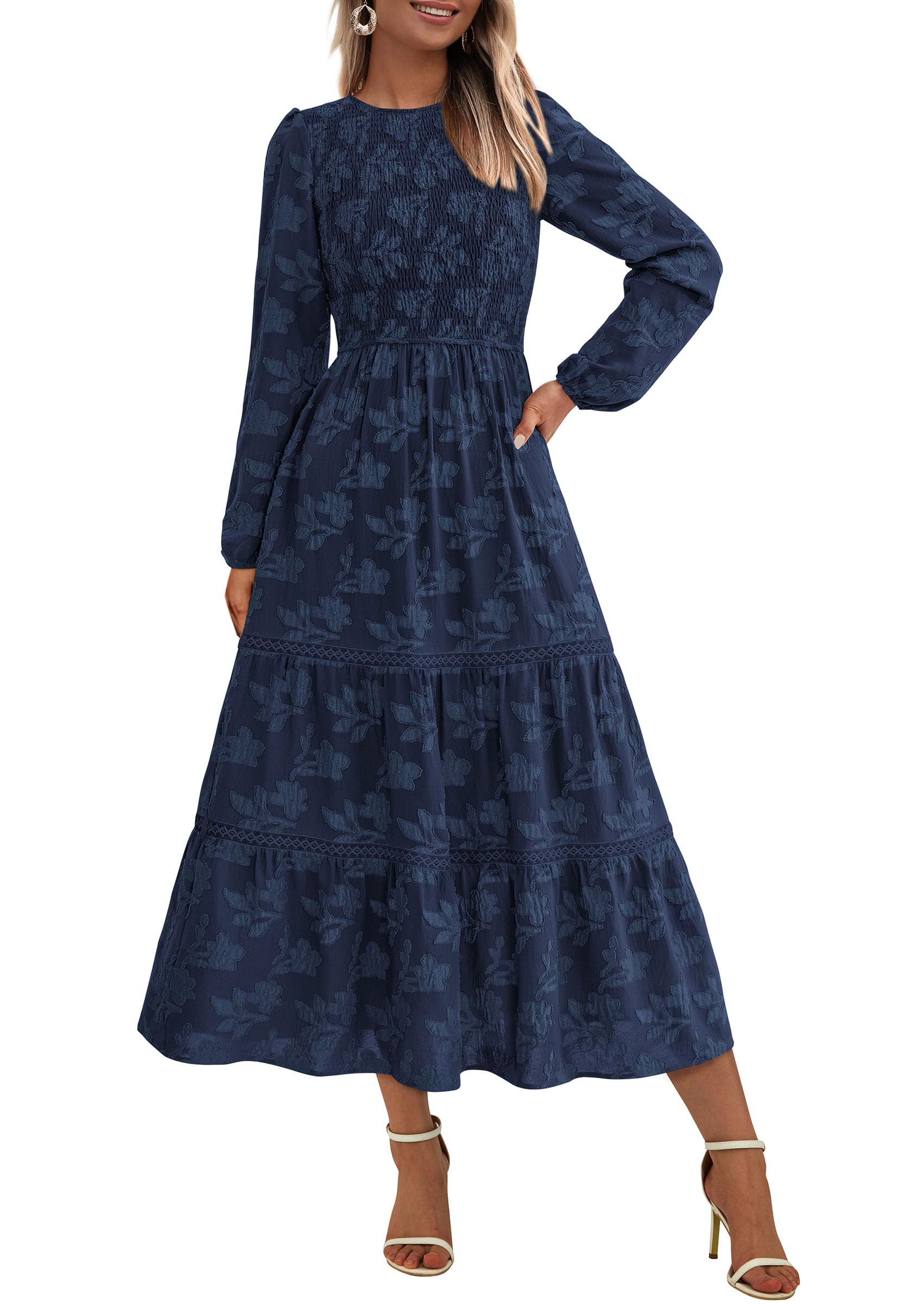 Women's Long Sleeve Boho Floral Midi Dress, Navy,S
