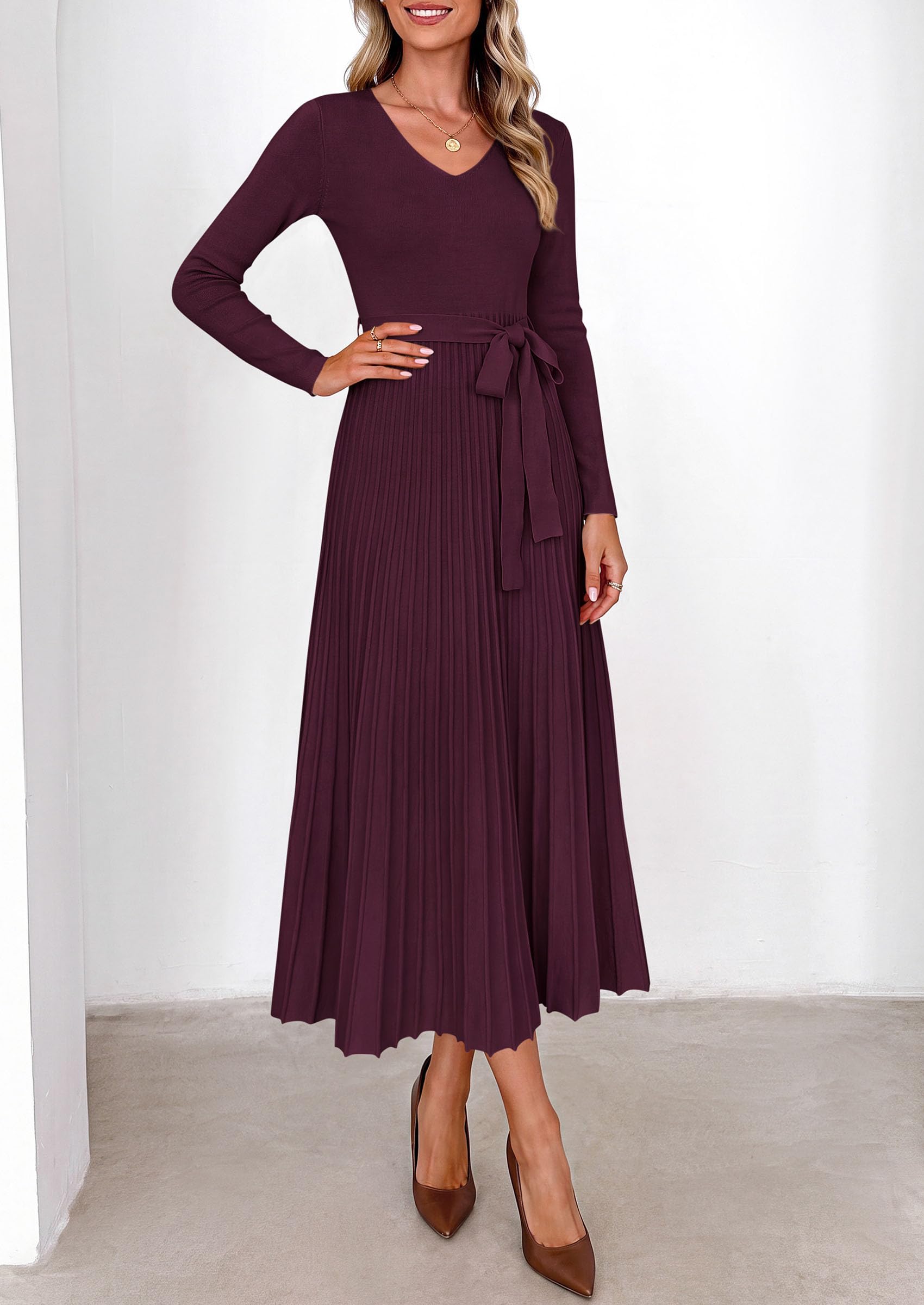 Womens Fall Maxi Long Sleeve Sweater Dress,Wine Red,S