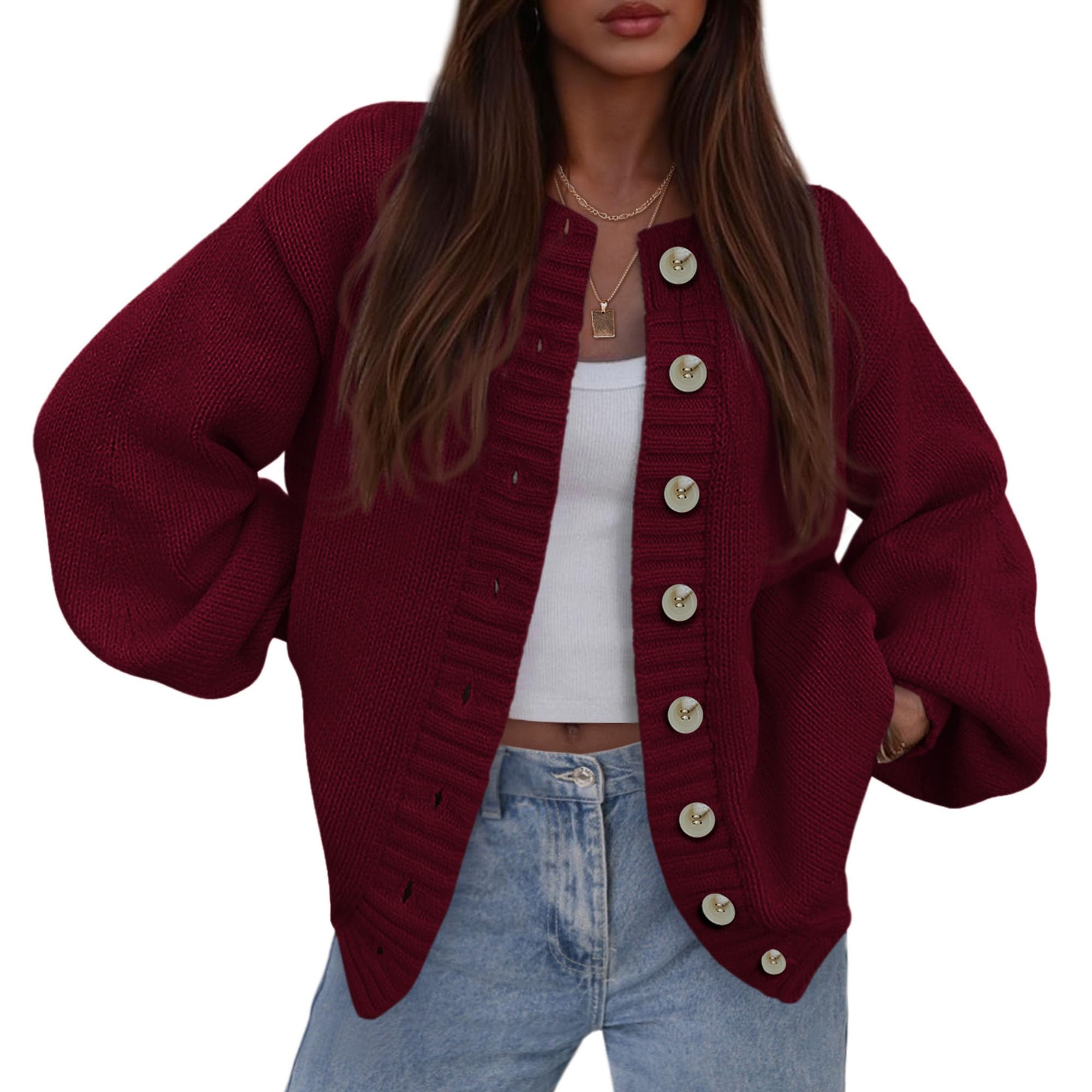 Women's Winter Chunky Cardigan Sweaters (Burgundy,Small)