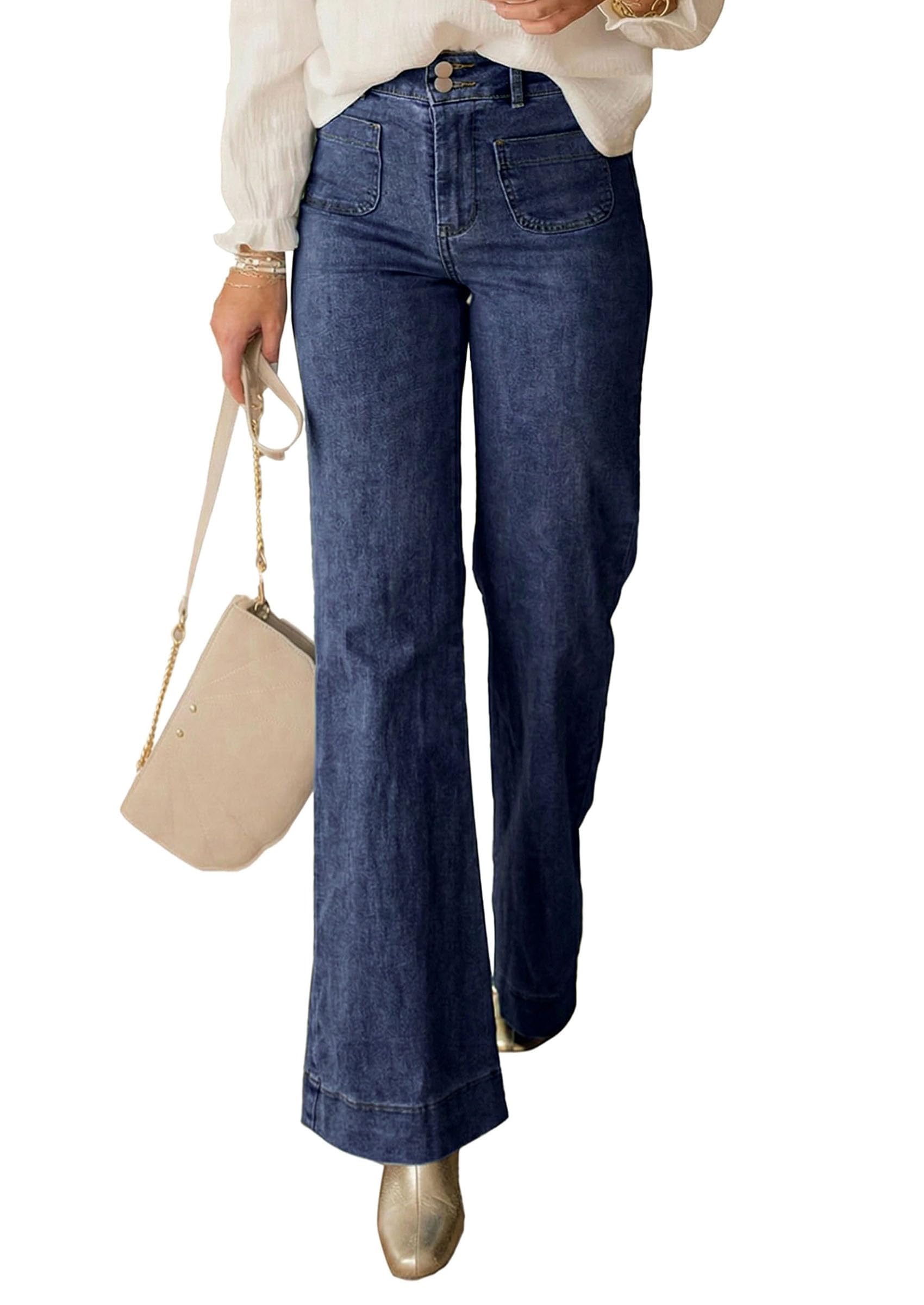 Womens Wide Leg High Waisted Trendy Jeans,Navy,4