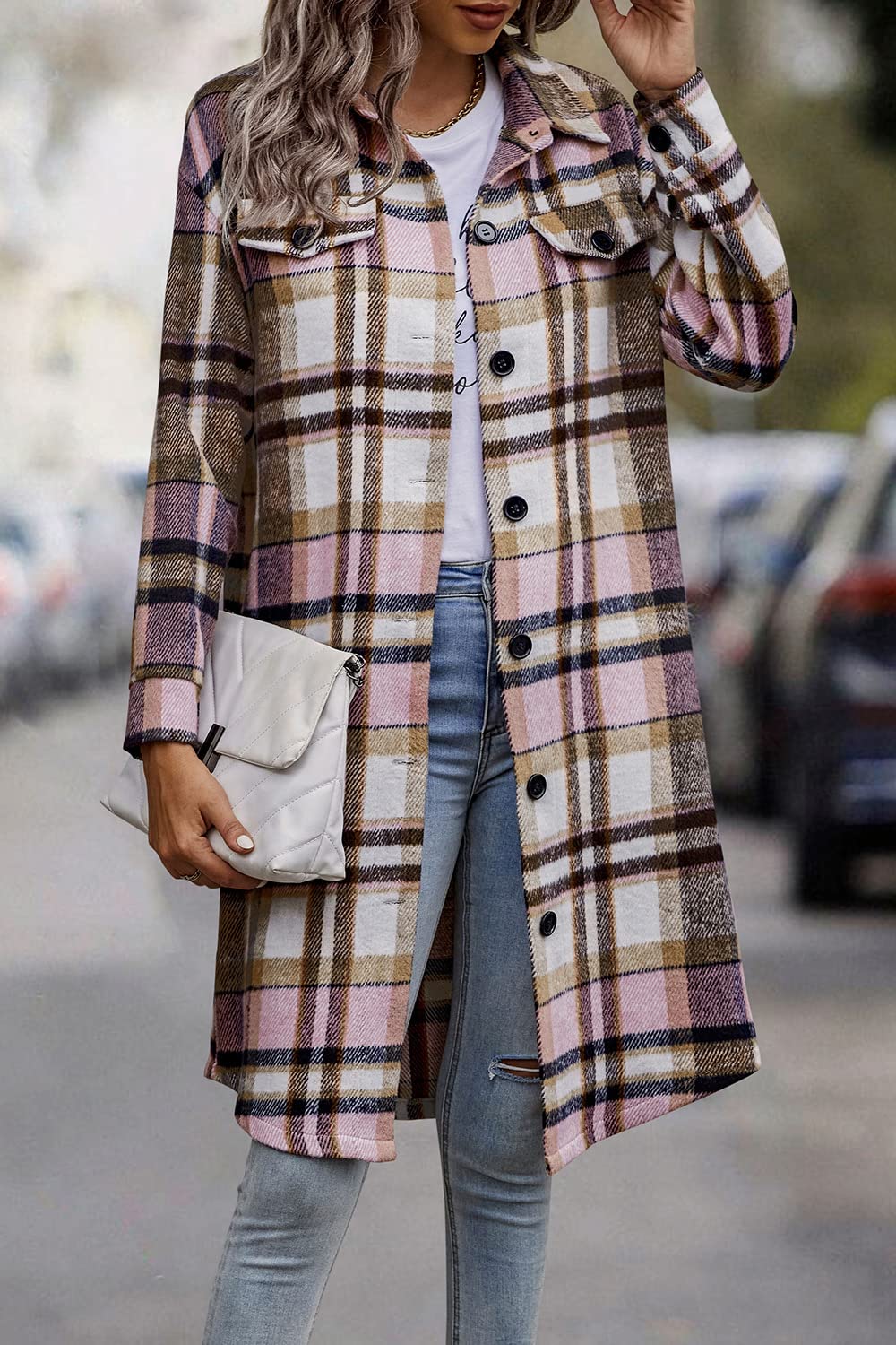 Womens Plaid Shacket Jacket Flannel Shirts,Pink,S