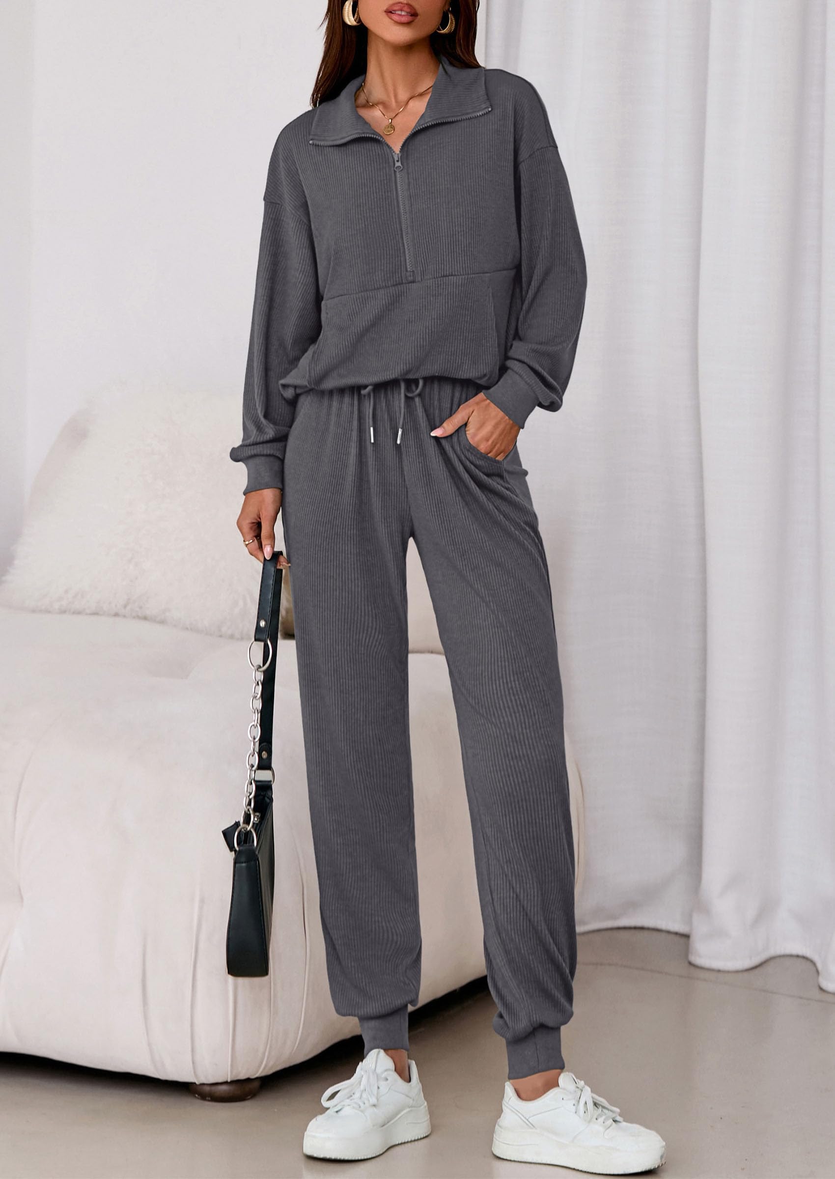 Airport Travel Outfit Women Ribbed Knit Matching Lounge Sets