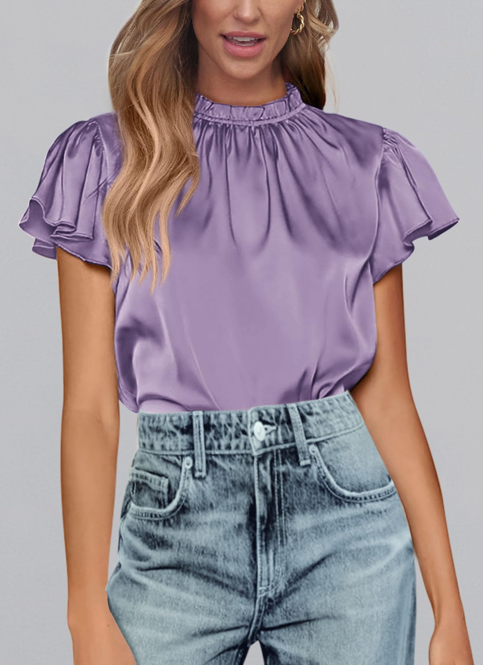 Women's Satin Tops Business Casual Work Blouses, Purple,S