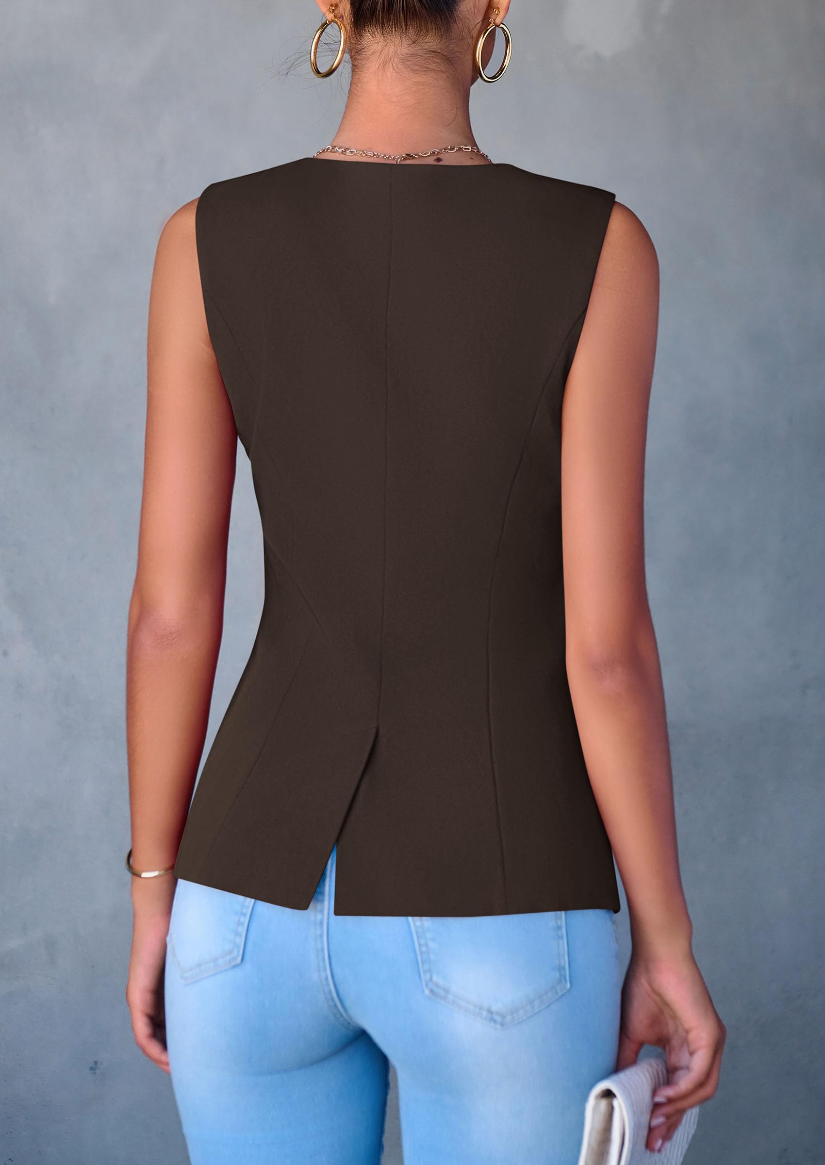 Women Tailored Suit Vest Business Casual Tops, Dark Coffee,S