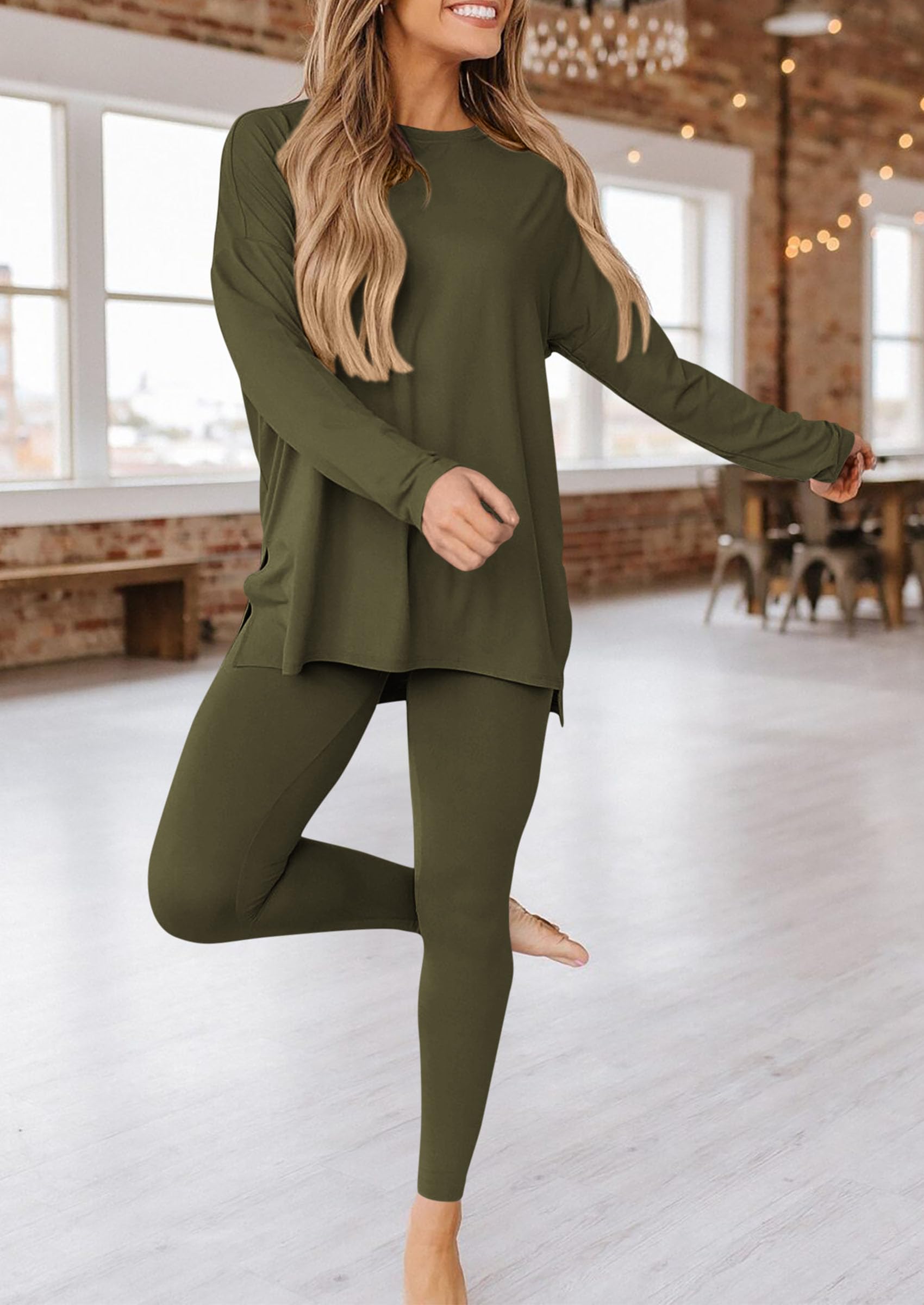 Women's 2 Piece Outfits Matching Lounge Sets,Army Green,S