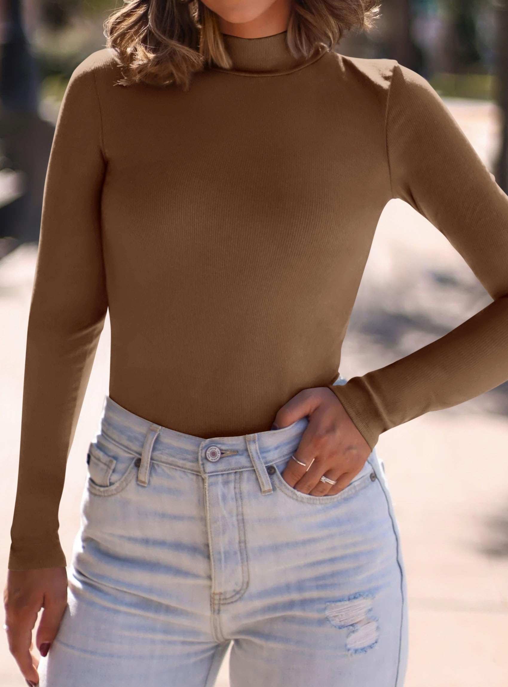 Womens Mock Turtleneck Fall Long Sleeve Shirts,Brown,XS