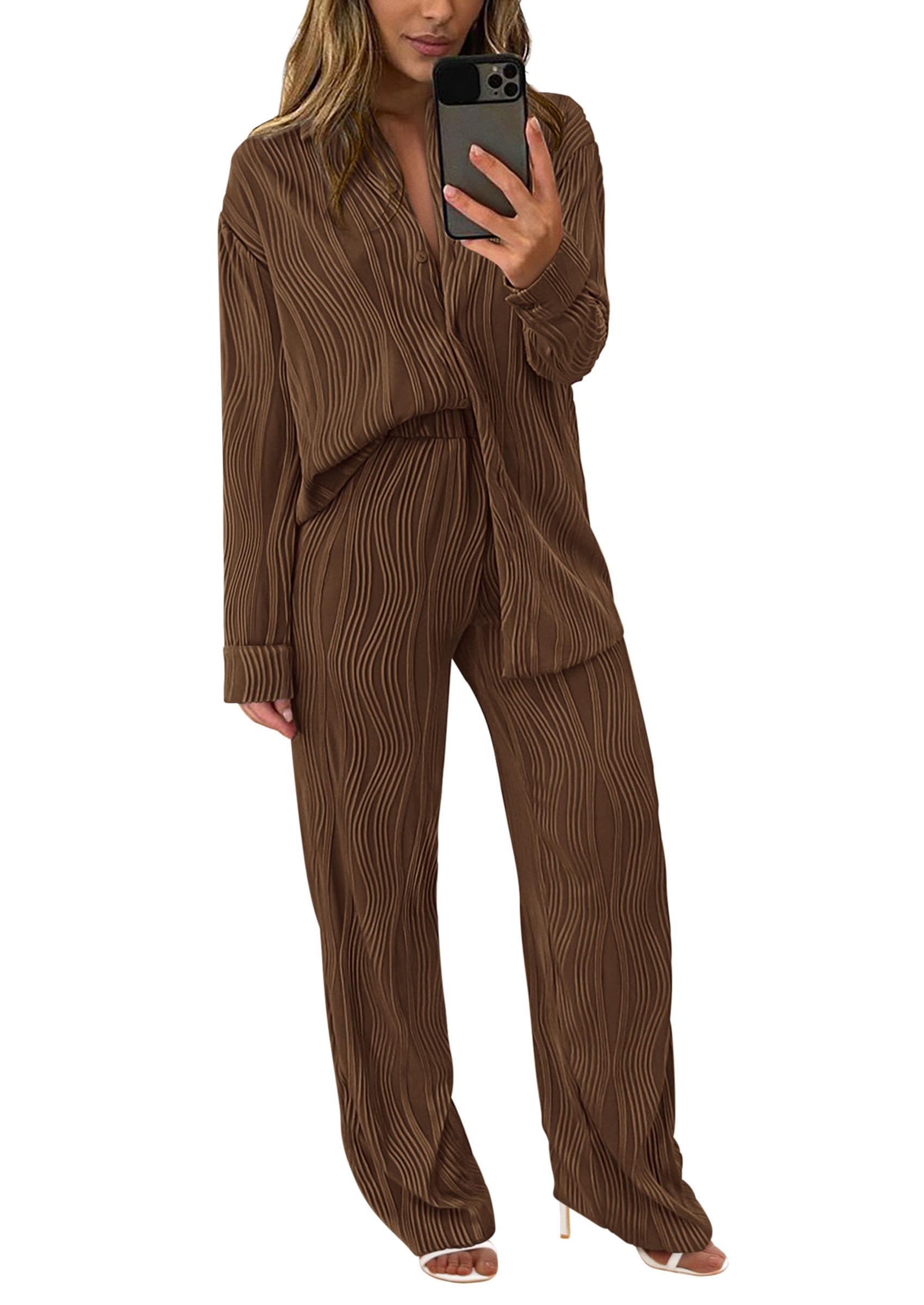 Womens 2 Piece Sets Button Down Lounge Tracksuit,Coffee,S