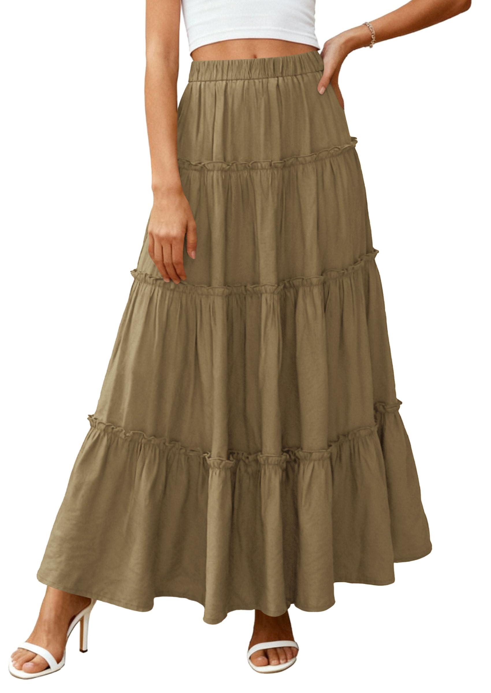 Women's Boho Tiered Ruffle Flowy Maxi Skirt, Army Green,S