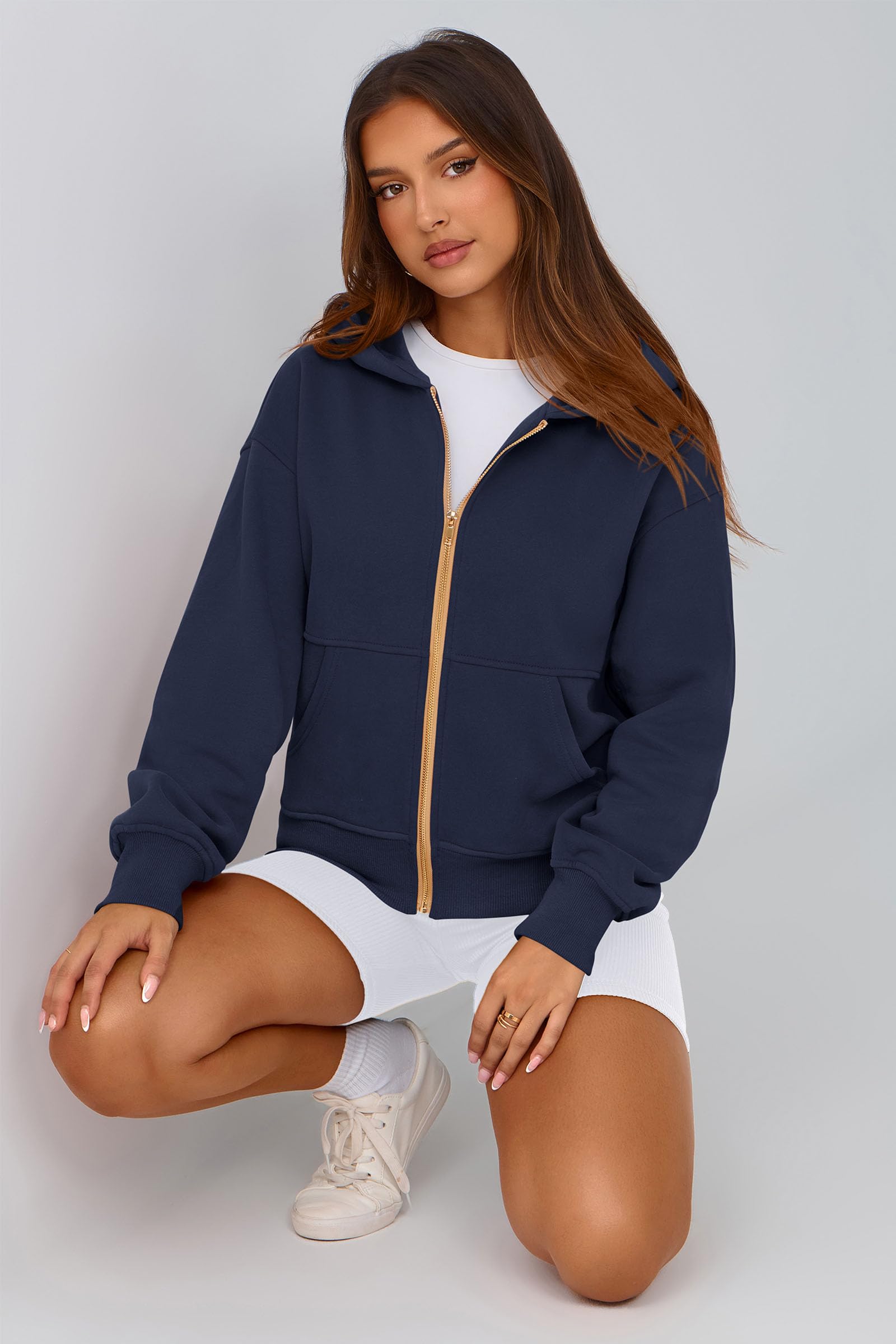 Hoodies for Women Fall Fashion Zip Up Fleece Plain Sweatshirt