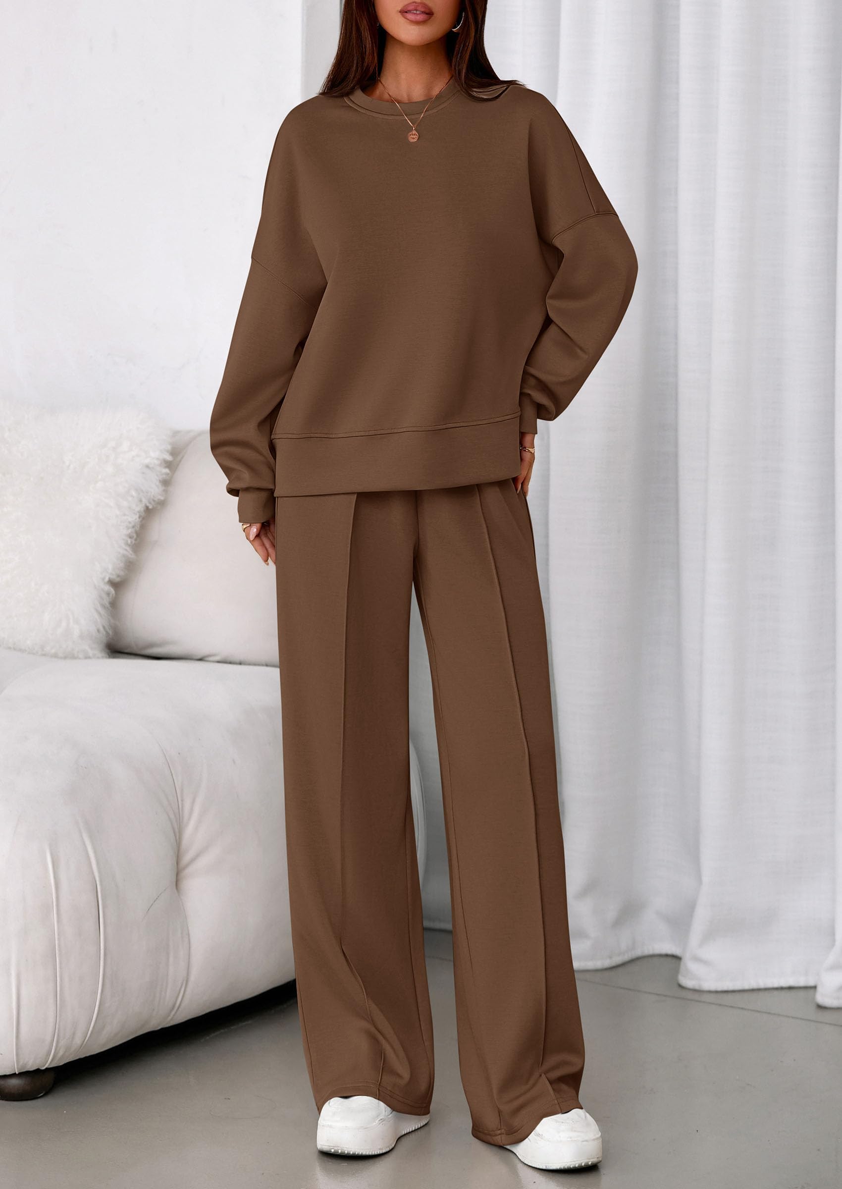 Womens Long Sleeve Sweatshirt 2 Piece Sets,Brown,S