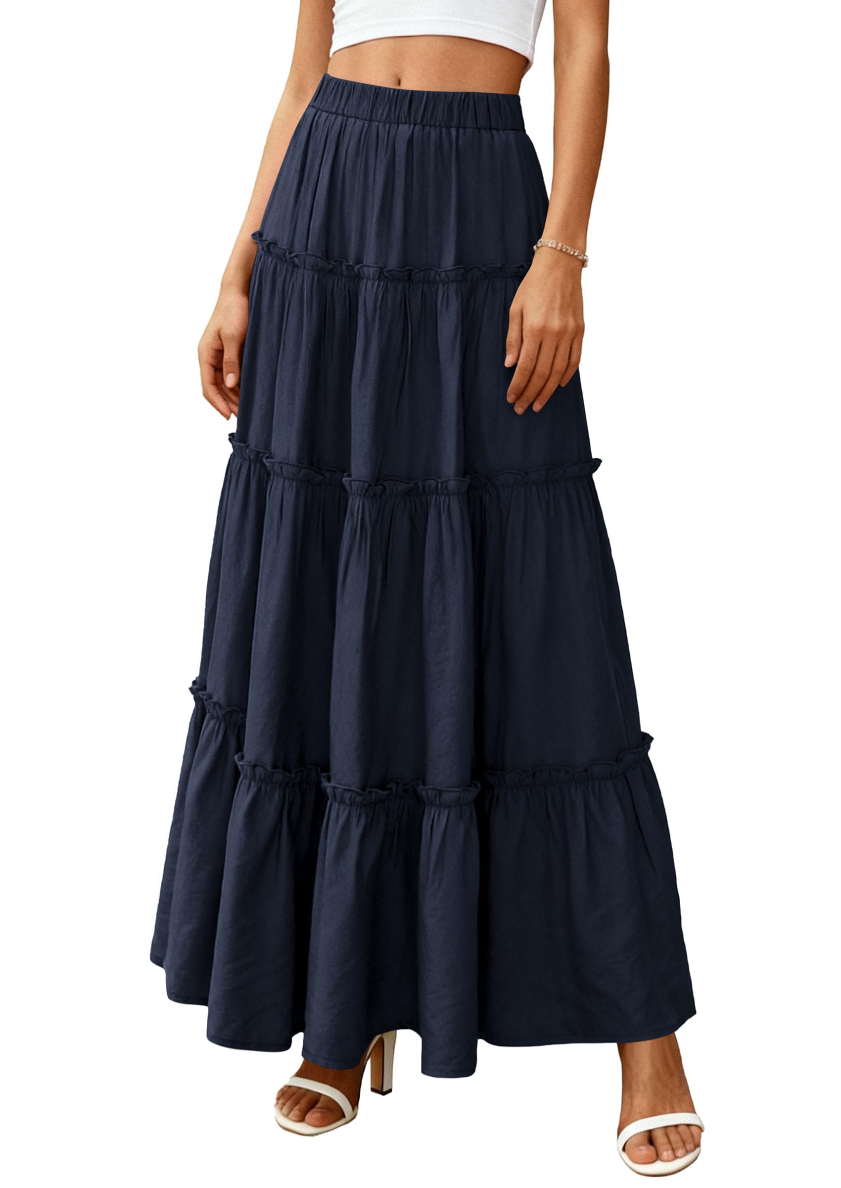 Women's Boho Tiered Ruffle Flowy Maxi Skirt, Navy Blue,L
