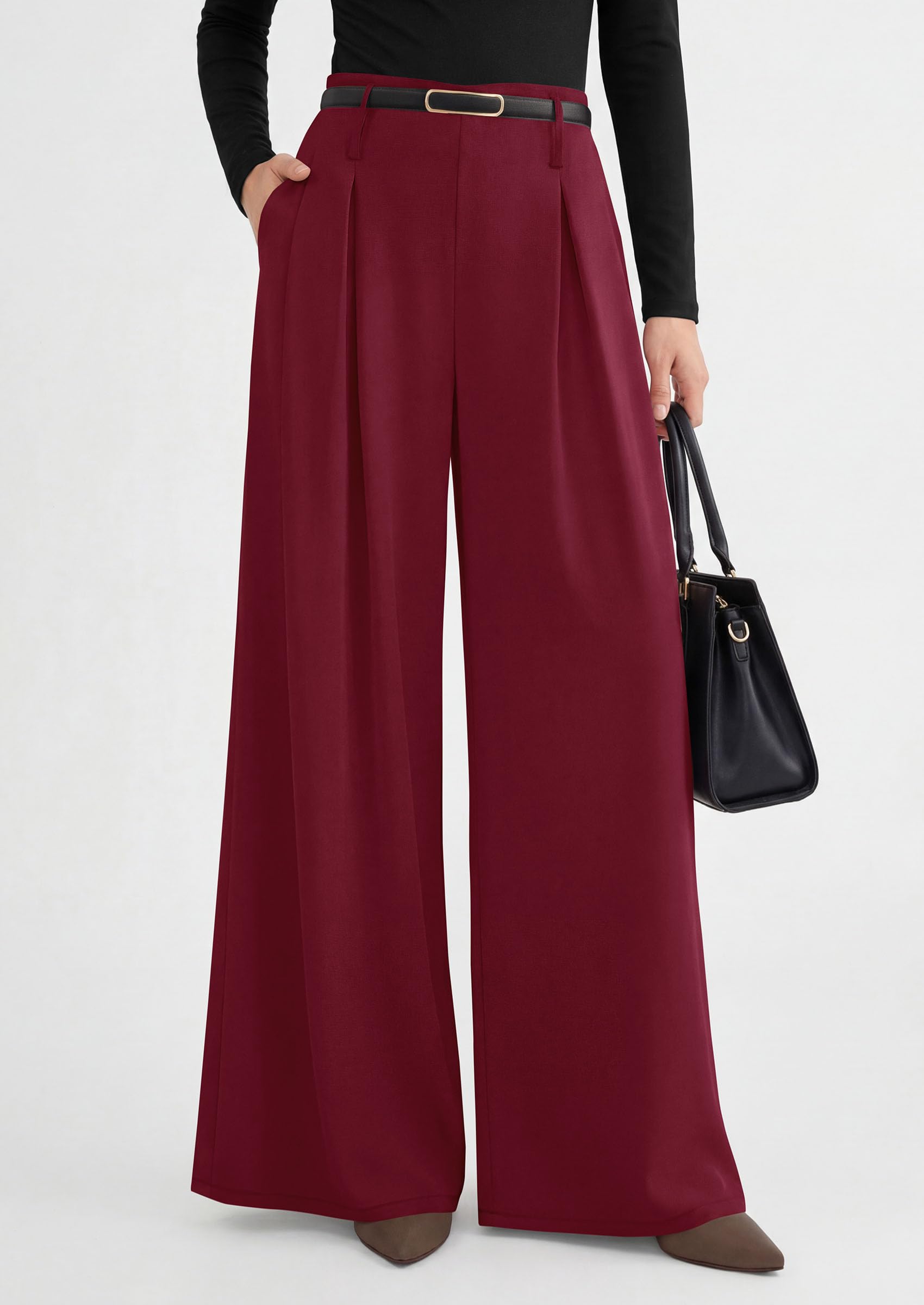 Womens Wide Leg Dress Pants Flowy Trousers,Wine Red,S