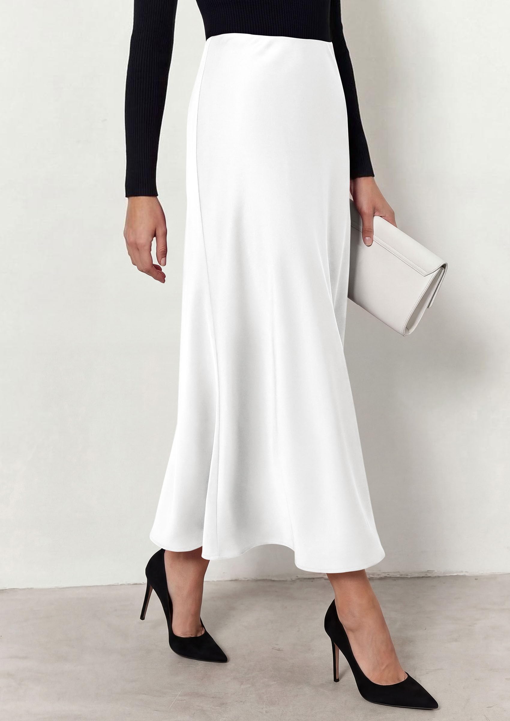 Women's Silk Satin Maxi Skirts Fall Clothes (White,S)