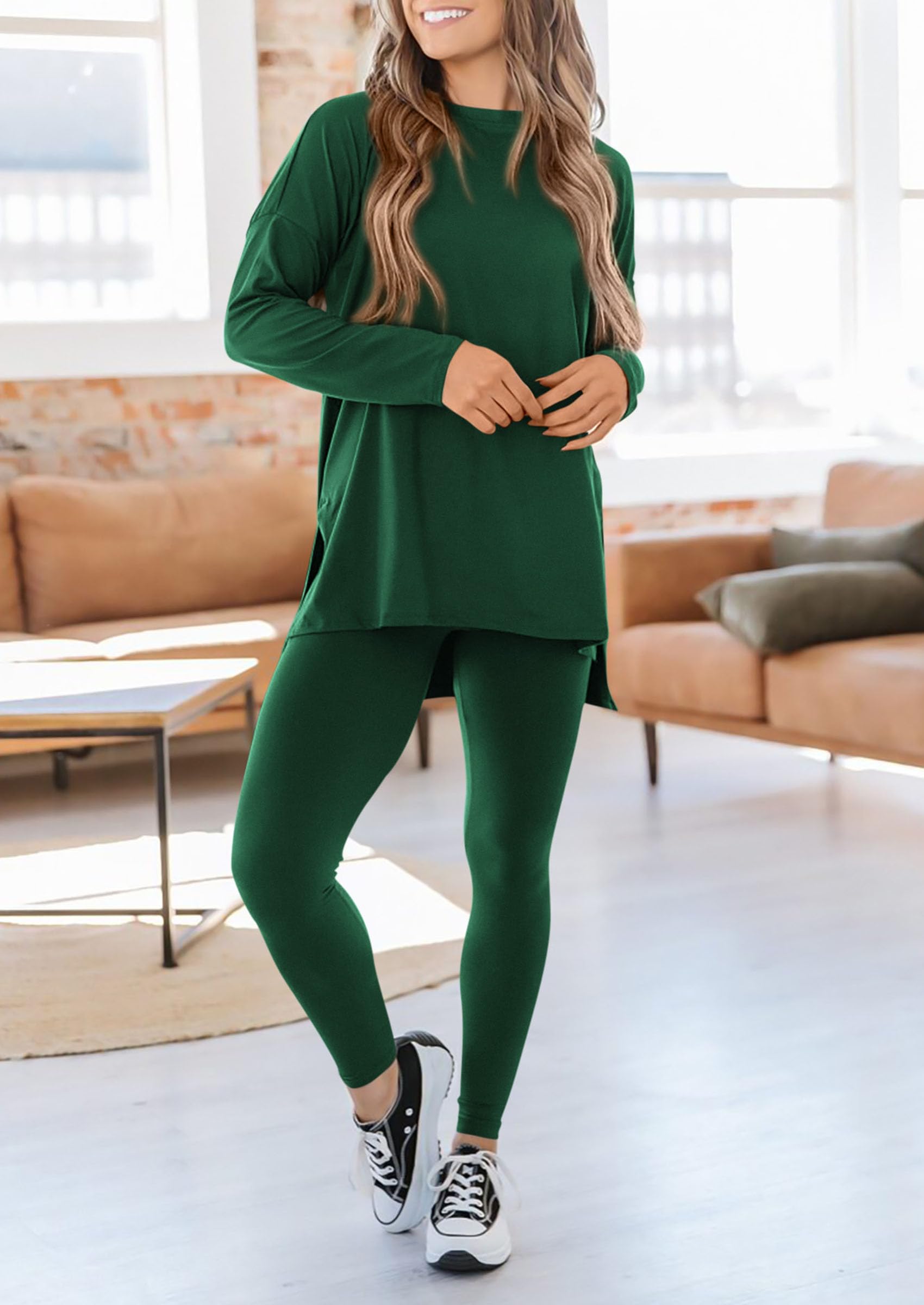 Women's 2 Piece Outfits Matching Lounge Sets,Dark Green,S