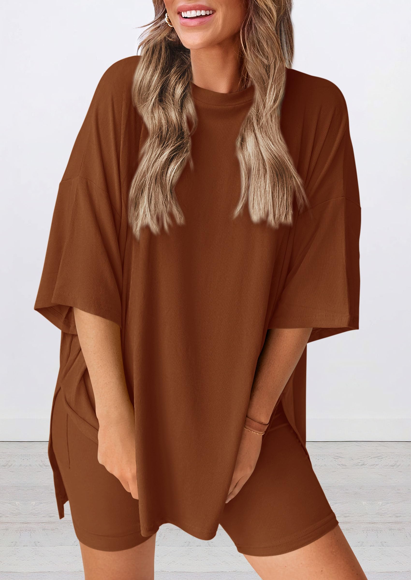 Women 2 Piece Lounge Set Airport Travel Outfit, Brown,S