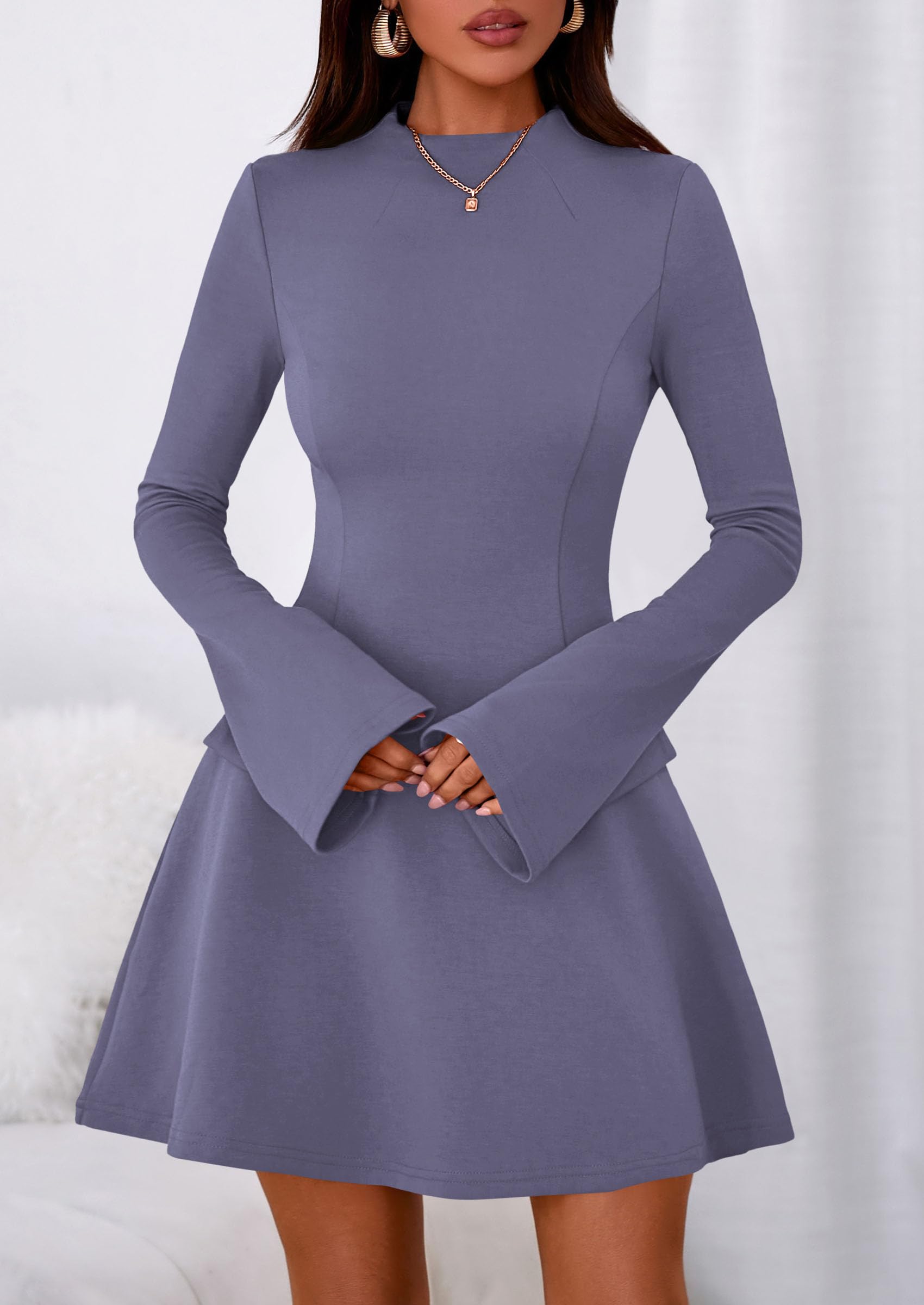 Women's Fall Bell Sleeve Short Dress,Grey Blue,XS