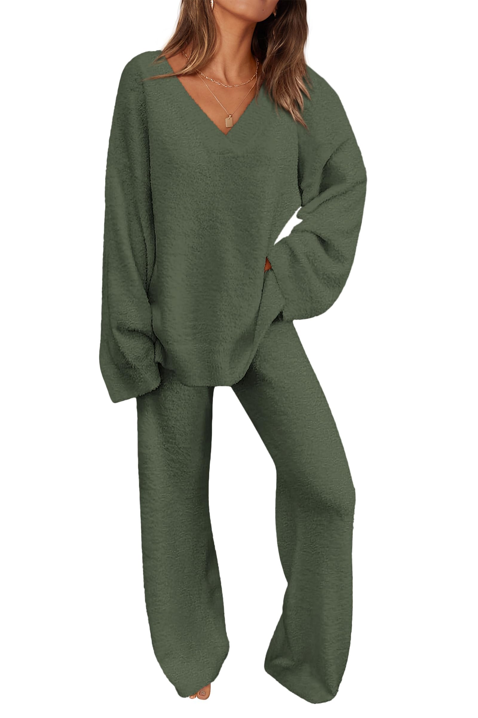 Lounge Sets for Women Fall 2 Piece Fuzzy Sweater Pajama Set
