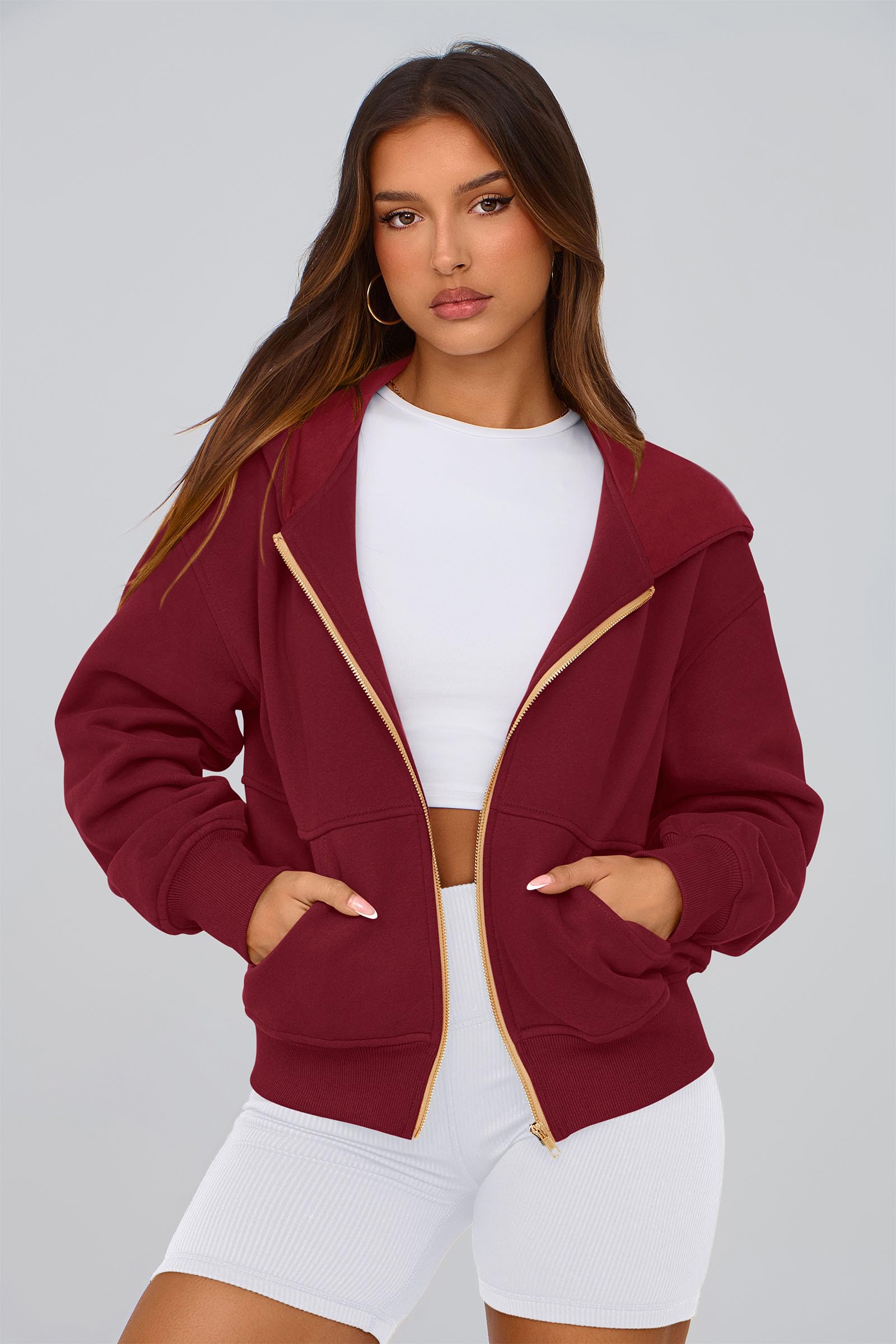 Hoodies for Women Fall Fashion Zip Up Fleece Plain Sweatshirt