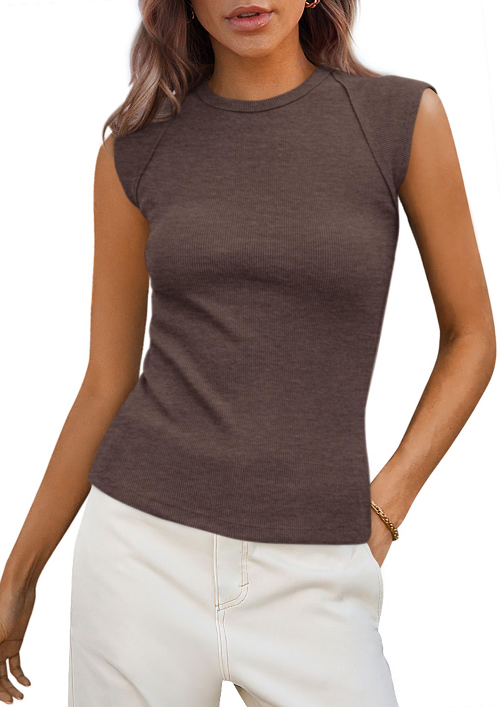 Women's Cap Sleeve Ribbed Tank Tops Summer, Dark Coffee,S